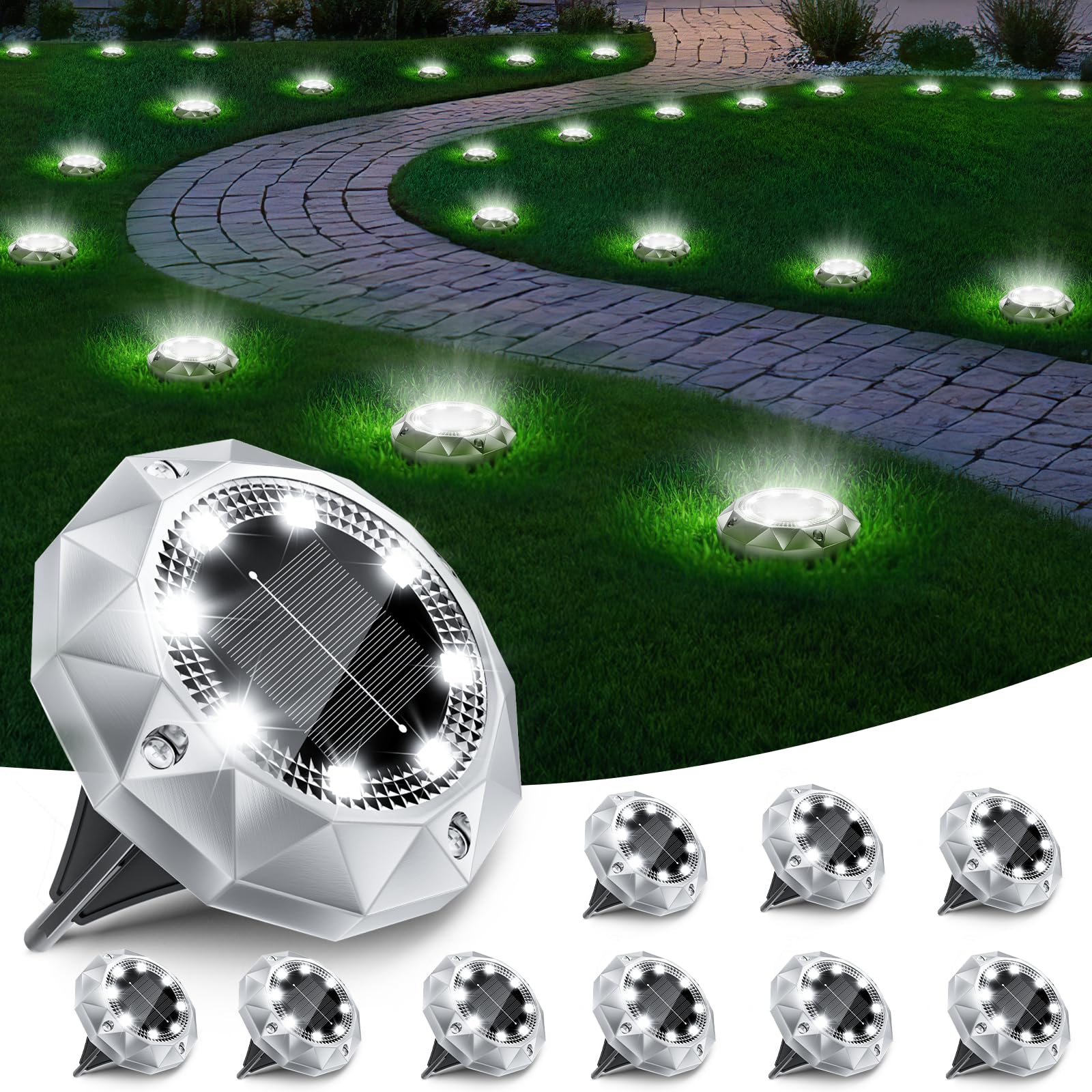10 Pezzi Luci Solari da Giardino, 8 LED Faretti Sepolta Solari a Led da Esterno IP65 Impermeabile, Luci Solare Decorazione Lampade Solare da Terra per Cortile Prato Vialetto Paesa…