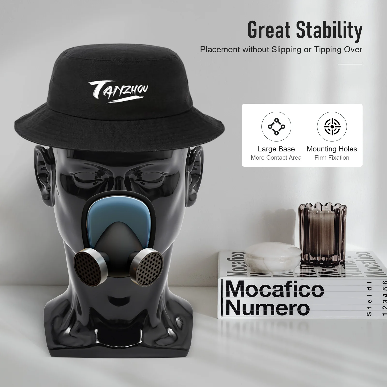 Testa di manichino in PVC nero lucido/opaco con base stabile e fori di montaggio, modello di testa a proporzioni realistiche per esposizione in saloni, negozi e vetrine domestiche.
