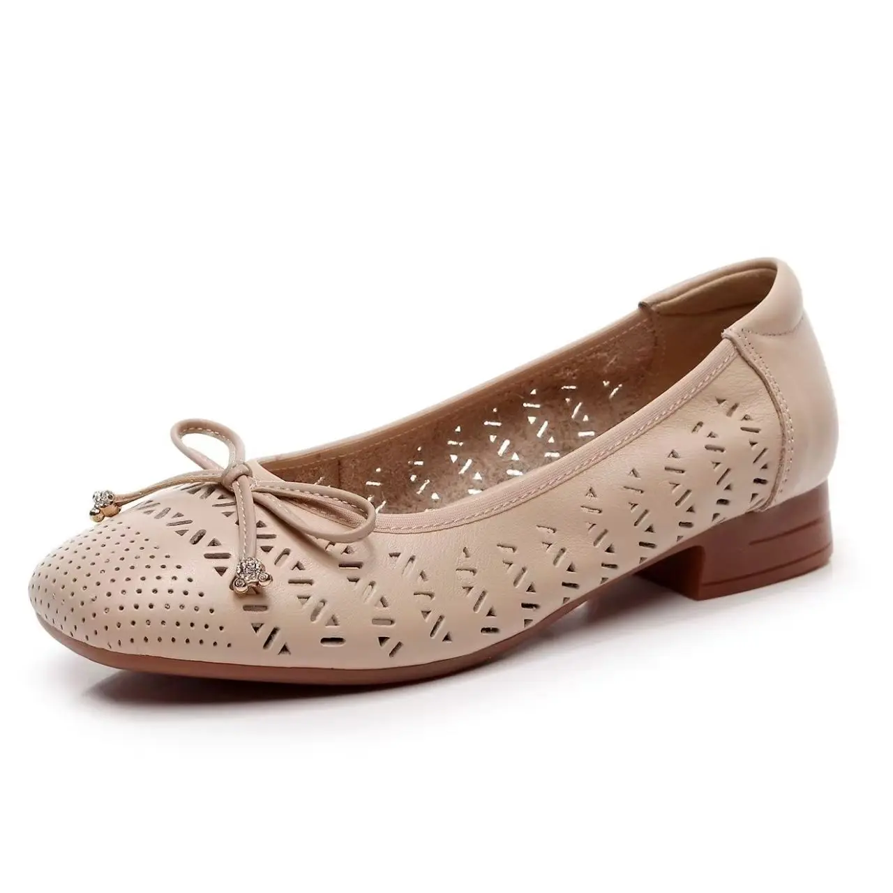 Sandali da Donna in Vera Pelle con Fiocco Traforato, Scarpe Nude Primaverili ed Estive, Nuova Suola Morbida, Punta Tonda, Modello Slip-On a Tacco Basso
