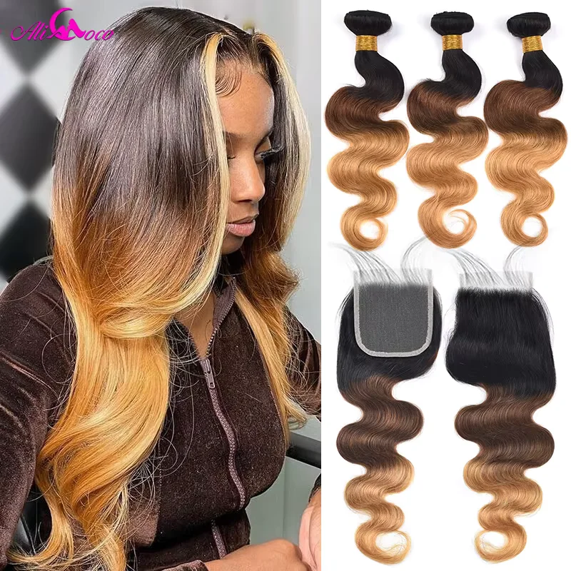 1B 4 27 Remy Ombre Fasci di tessuto dei capelli umani con chiusura 4x4 5x5 pacchi con chiusura Fasci di onde del corpo brasiliane con chiusura