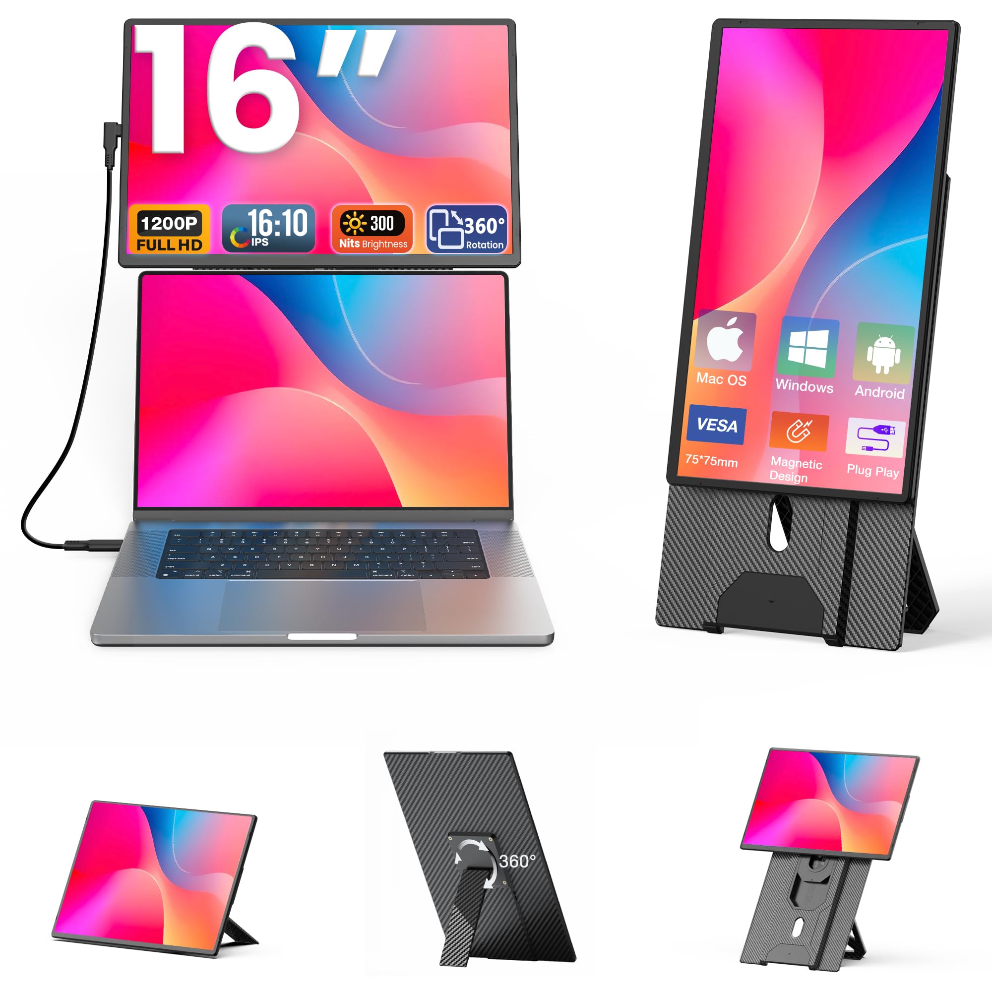 Kwumsy Monitor Portatile Per Laptop 16 Pollici - Doppio Monitor Portatile Per All Laptop, Estensore Schermo 16:10 Ultra Sottile, Supporto Girevole, Staccabile Schermo, Supporto VE…