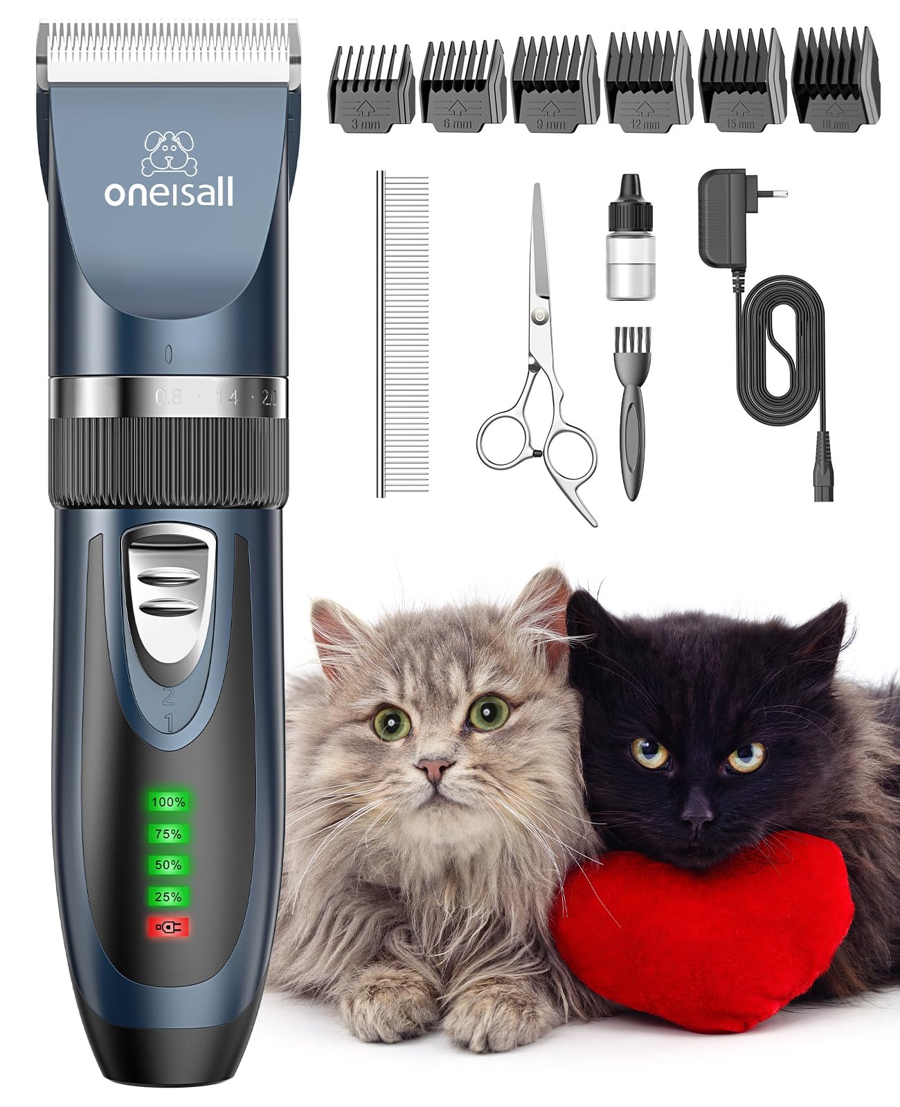 Oneisall Kit di Toelettatura per Gatti a Pelo Lungo - Tosatrice Silenziosa a 2 Velocità, Tagliacapelli Cordless a Basso Rumore per Cani e Animali (Blu)