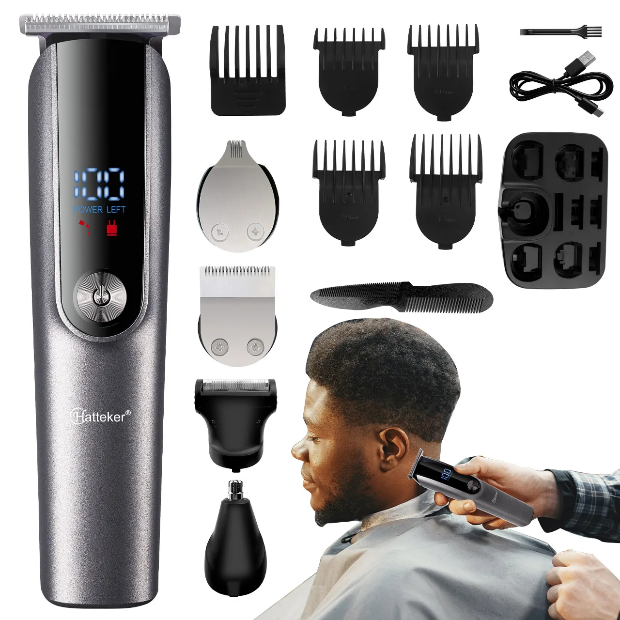 Hatteker Rasoio elettrico per barba ricaricabile 5 in 1 da uomo per la cura del corpo Shaper viso e sopracciglia regolabile