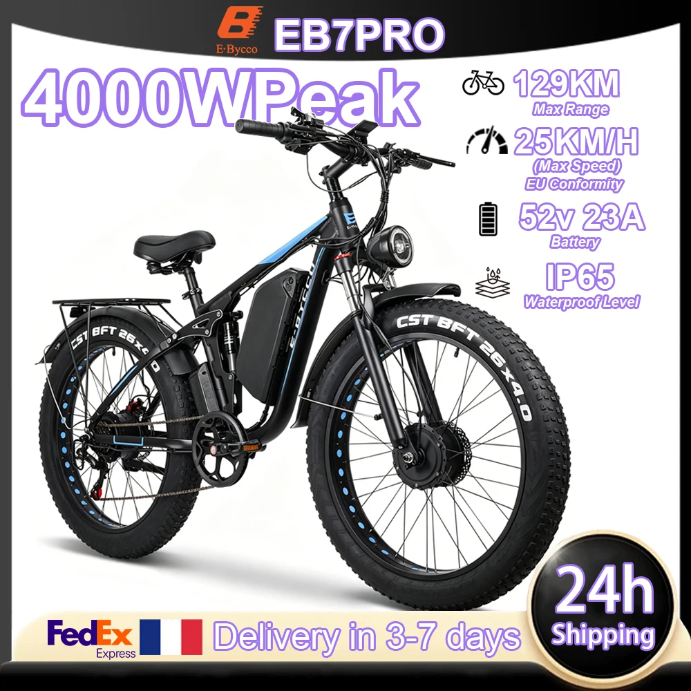 EBYCCO EB7PRO 4000W di Potenza Massima, Conforme alle Normative UE, Velocità Massima 25 Km/h, 26 Pollici, 52V 23AH, Sospensione Completa, Lunga Autonomia, Bici Elettrica Fuoristra…