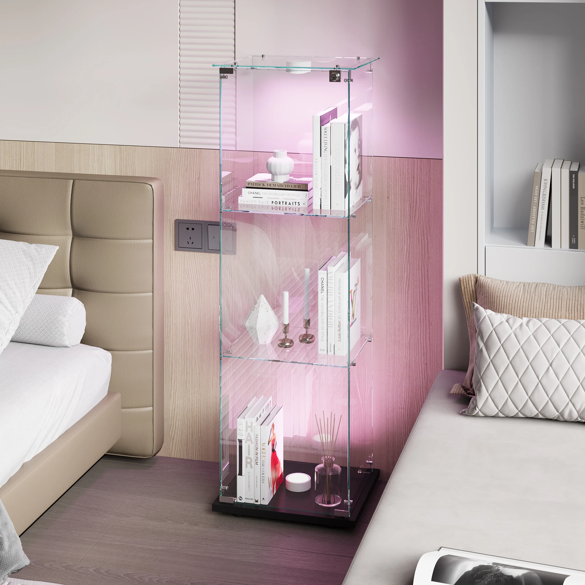 Vetrina in vetro Fangange con luce a LED, mobile espositore antipolvere a porta singola con 3 ripiani in vetro temperato, vetrina con fondo bianco e nero, unità espositiva moderna…