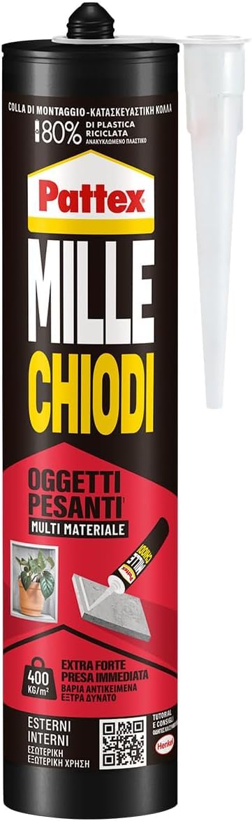 Pattex Mille Chiodi Oggetti Pesanti, Adesivo di montaggio extraforte, 460 g | Per interni ed esterni, Multiuso, Riposizionabile, Resistente ad acqua, raggi UV, Bianco, Formato car…
