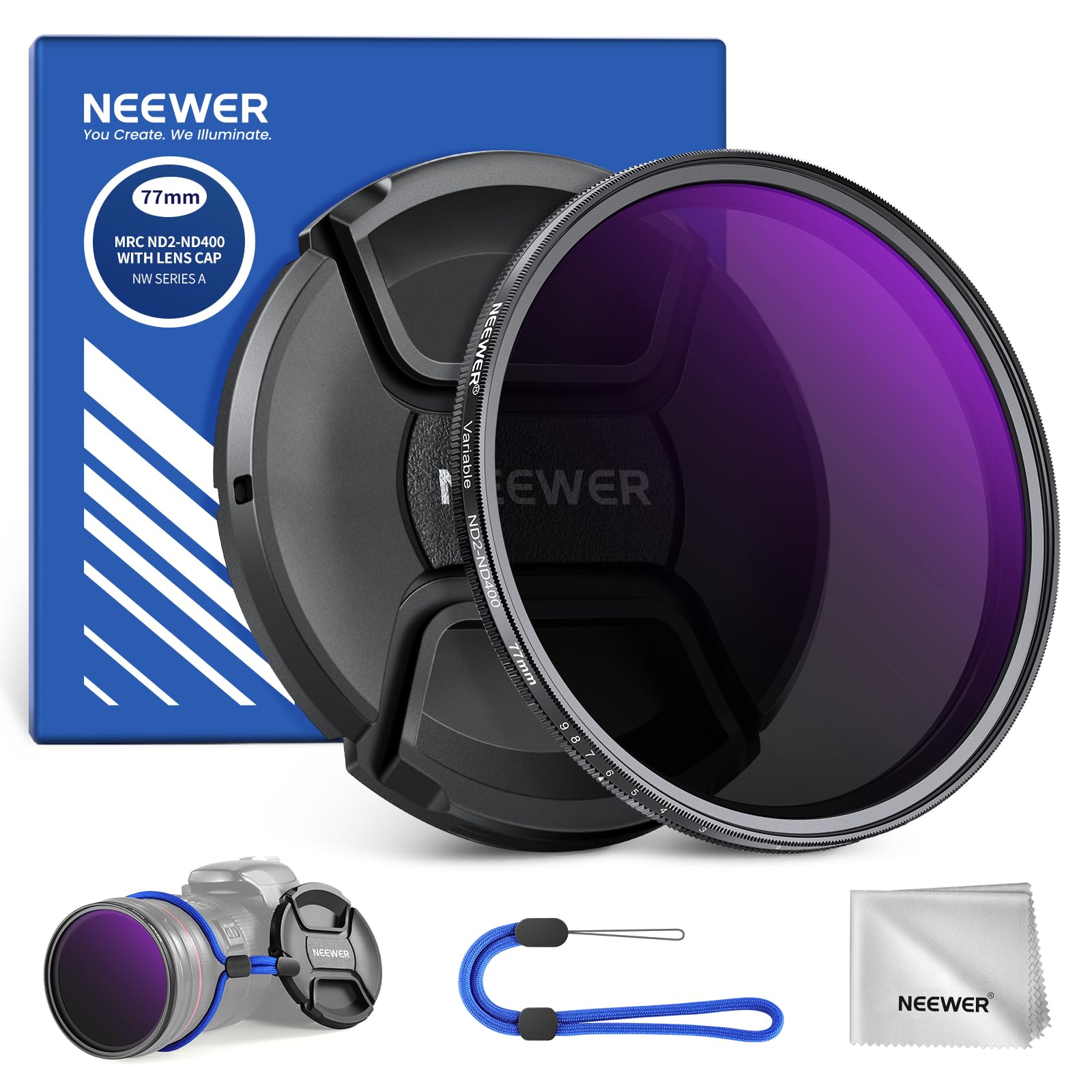 NEEWER 77mm Filtro ND2-ND400 Variabile (1-9 Stop) con Copriobiettivo, Cordino, Panno da Pulizia, Regolazione Precisa della Densità Neutra, Vetro Ottico Multistrato, Anti Impronte…