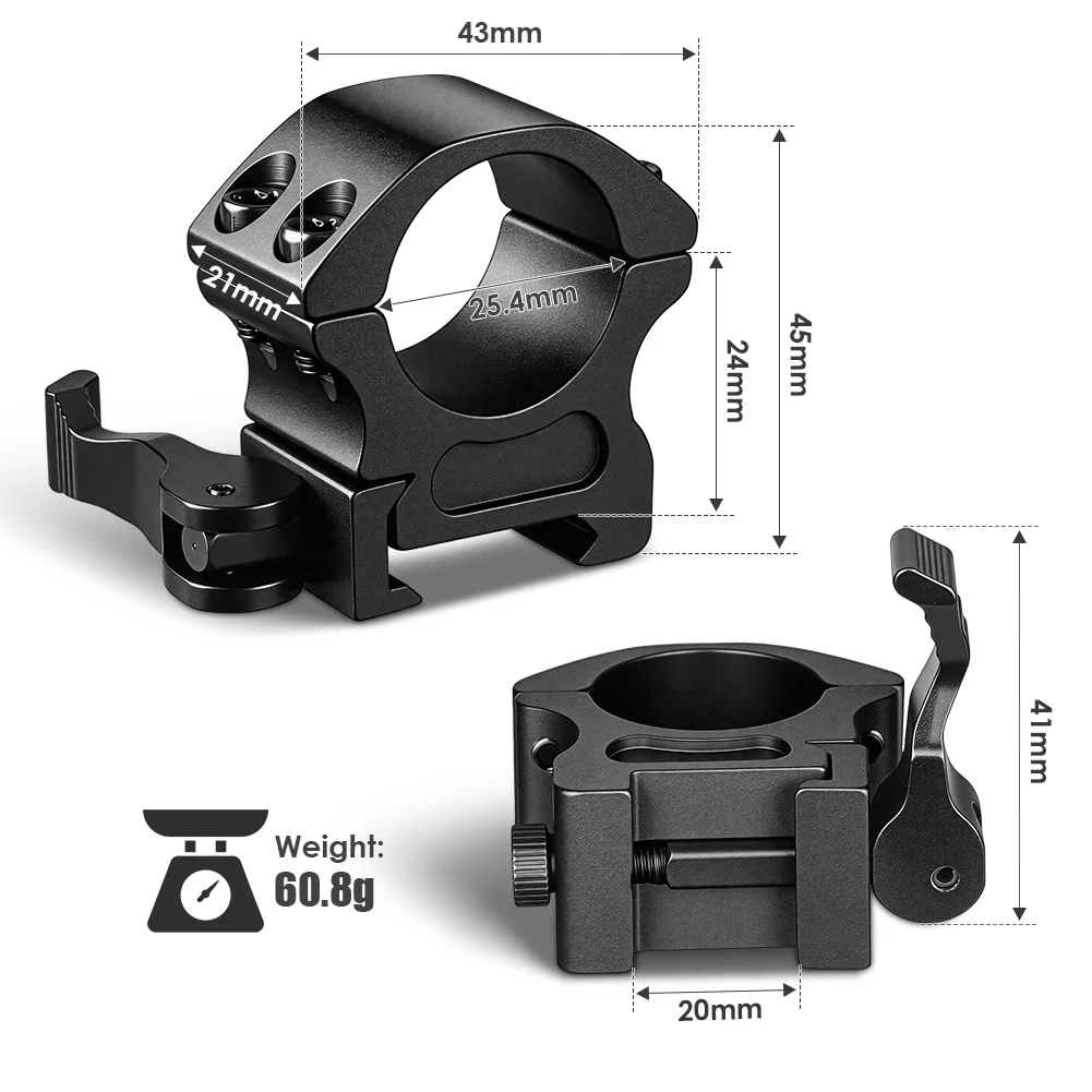 UniqueFire Anelli per Cannocchiale di Precisione a Sgancio Rapido da 1" (25,4mm) in Alluminio con Base per Guida Picatinny da 20mm