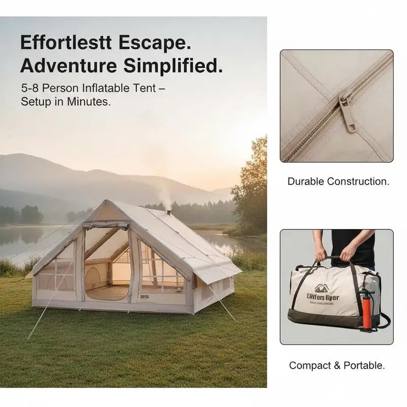 Tenda da campeggio gonfiabile 4x3x2 m, 5-8 persone, tenda glamping in Oxford 300D con collegamento per stufa, pompa manuale, 2 porte e 4 finestre a rete, inclusa borsa portaoggett…