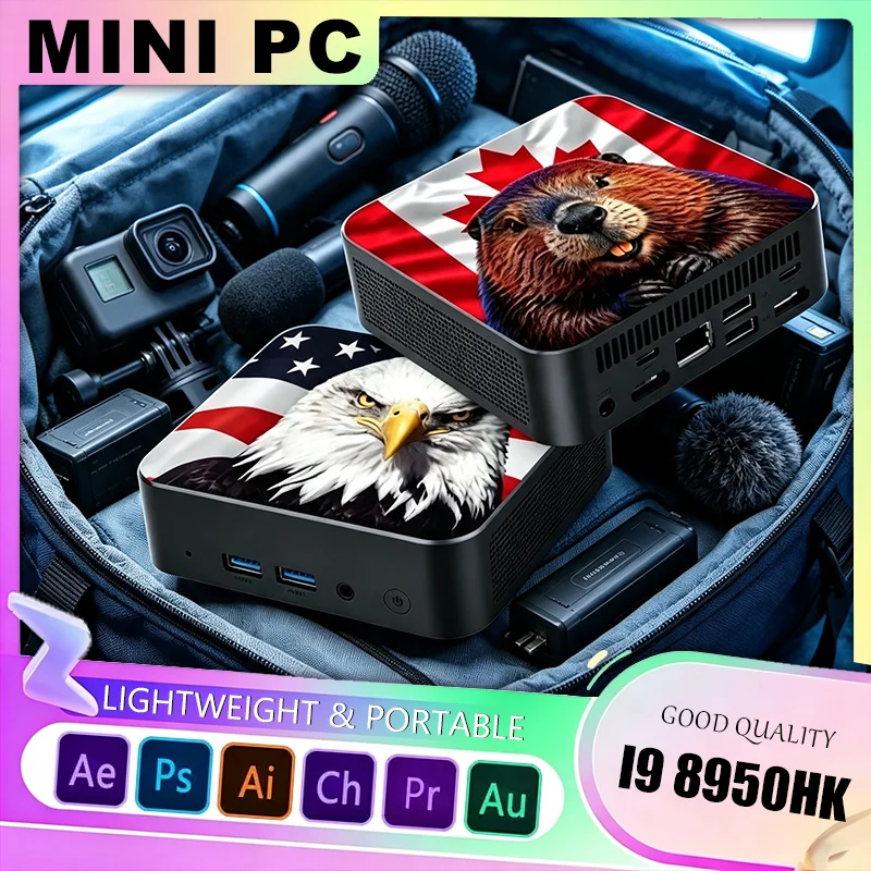 Mini PC Ultra Sottile Core i9 8950HK 2026, 16GB RAM, 2TB SSD, con Bandiera USA/Canada, Desktop Compatto per Studio Quotidiano e Ufficio