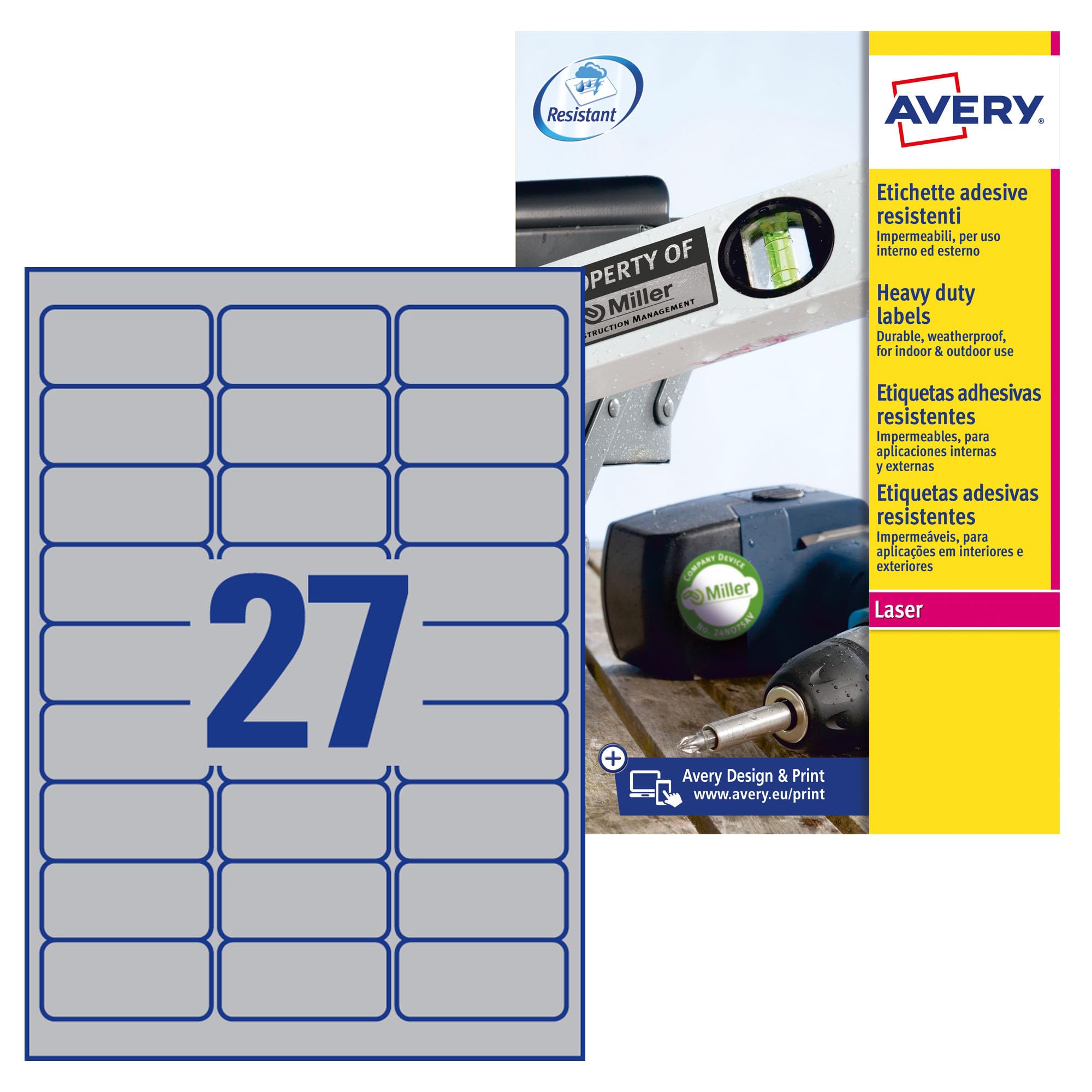 Avery Italia L6011-20 Etichette adesive in poliestere argento resistenti, 20 fogli A4, rettangolari 63,5x29,6mm, 27 etichette per foglio, adesivo permanente, stampanti laser