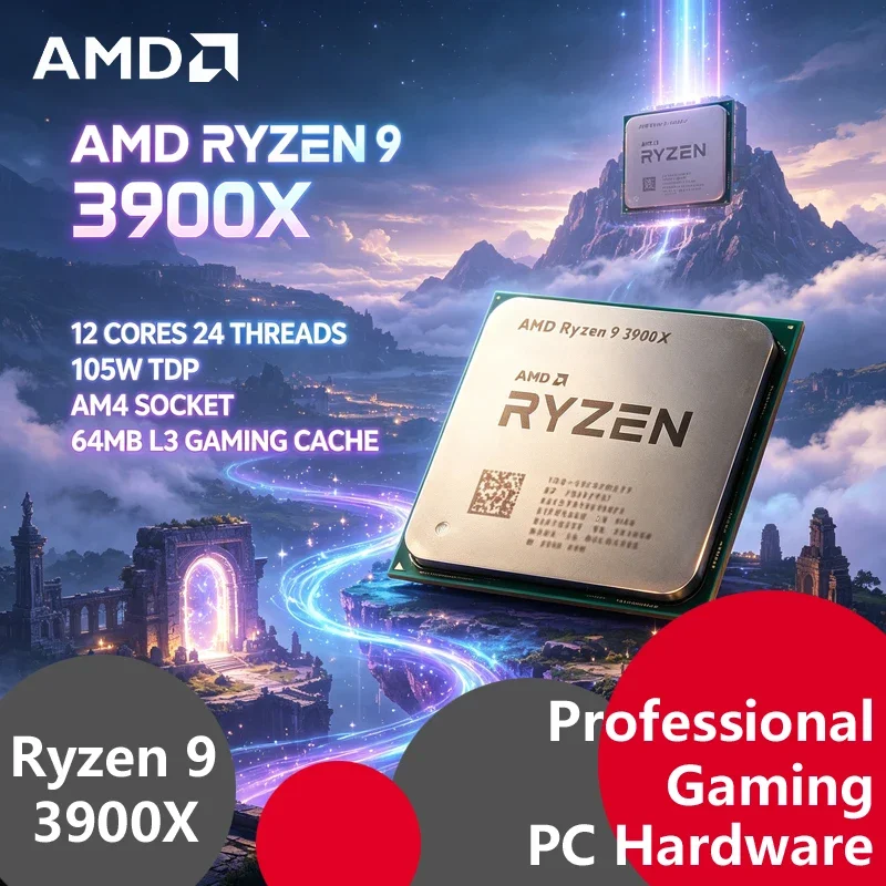 AMD Ryzen 9 3900X CPU Sbloccata (Tray), 12C24T, 3.8GHz, 64MB Cache L3, 105W TDP, Chip per Gaming e Produttività AM4, Senza Confezione