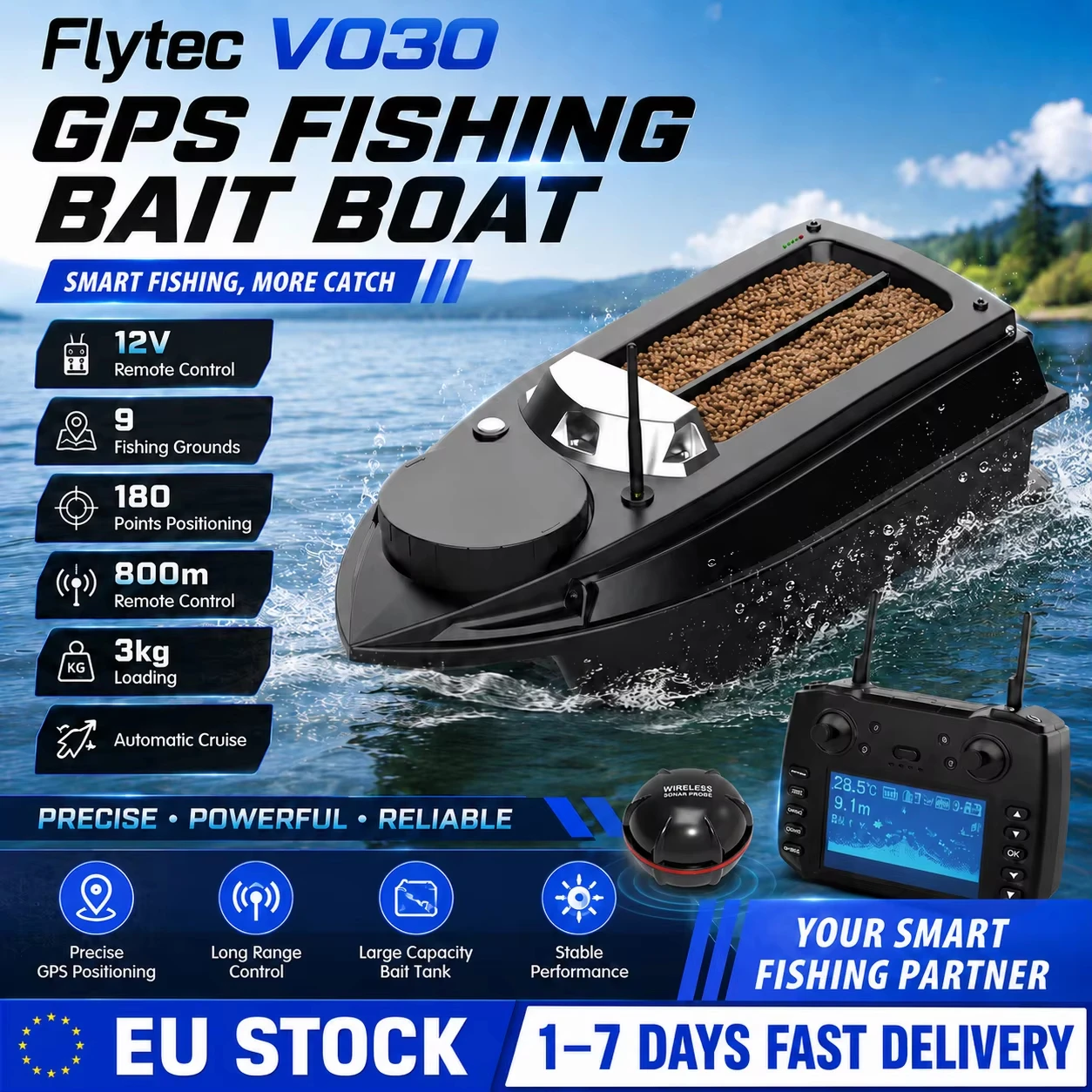 Flytec V030 Barca Telecomandata con GPS, Portata 800m, 12V 20000mAh, Raffreddamento ad Acqua, Ritorno Automatico, 9 Zone di Pesca con 180 Punti Designati, Dotata di Rilevamento Pe…
