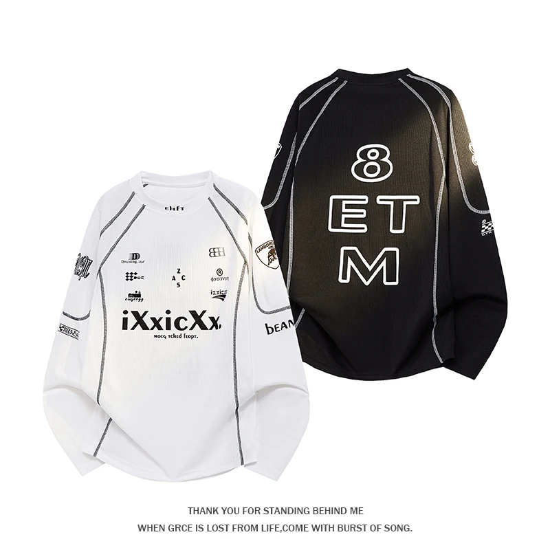 T-shirt a maniche lunghe da uomo taglie forti, stile streetwear americano, con stampa a lettere, vestibilità ampia e casual, ideale per l'autunno.