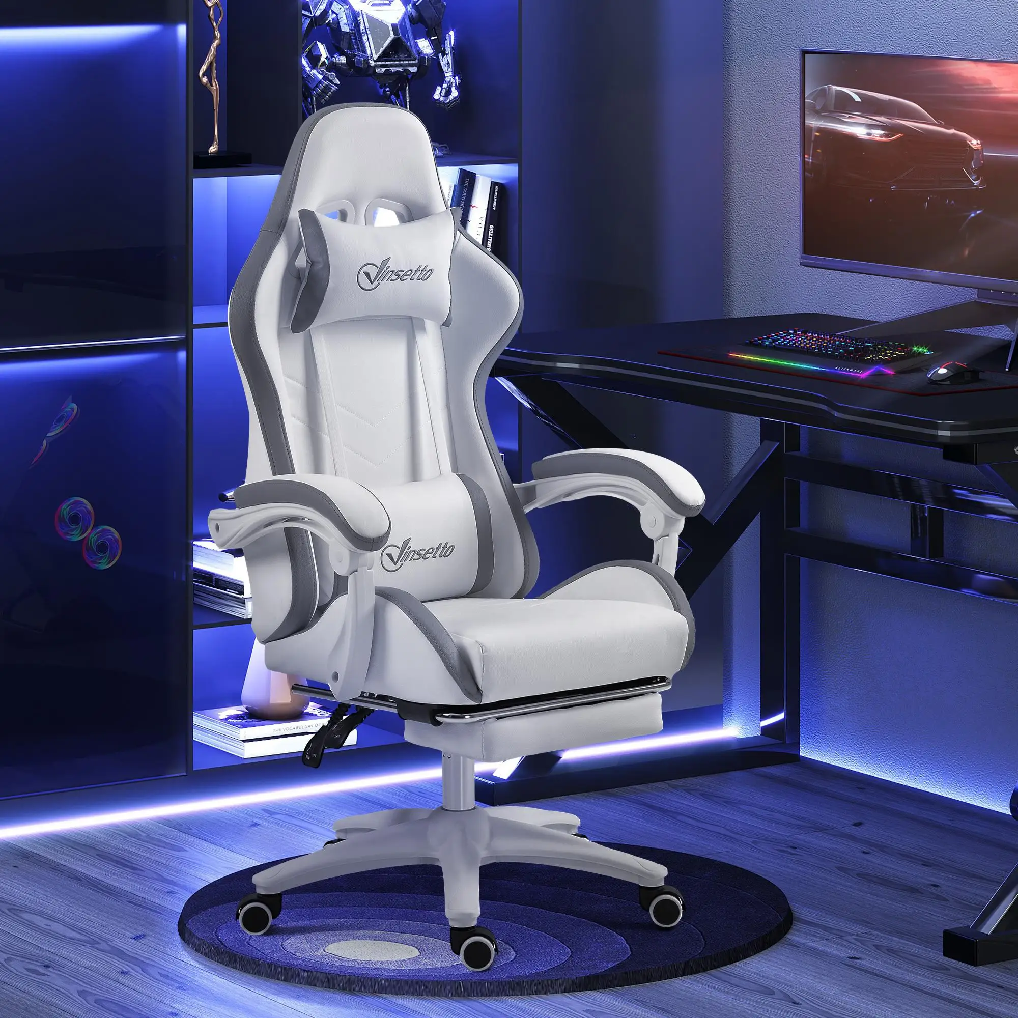 Sedia da gaming ergonomica con inclinazione di 135 gradi ° schienale reclinabile e supporto lombare, 65 × 65 × 121‑129 cm, bianco