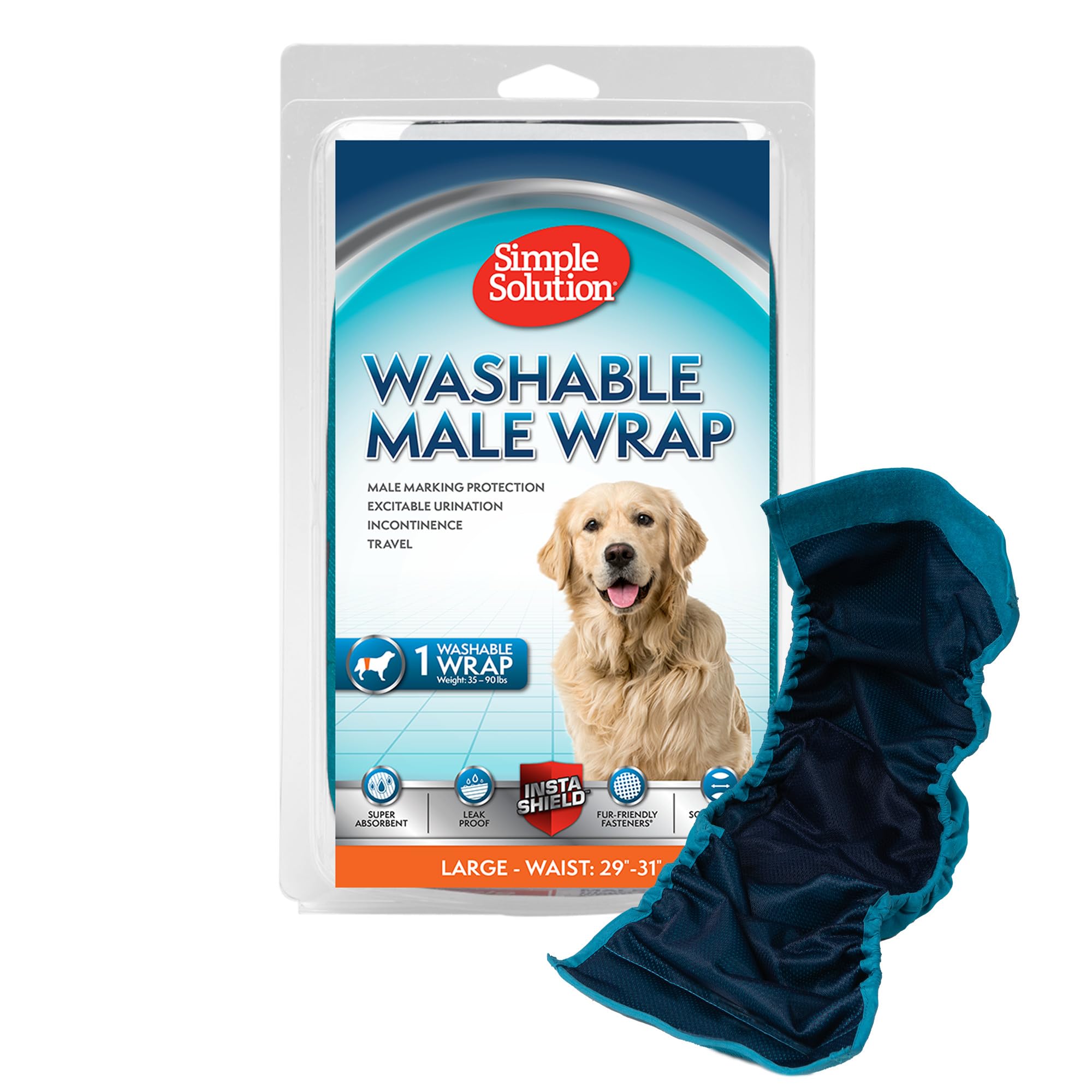 Pannolini lavabili per cani maschi Simple Solution | Bendaggi assorbenti per maschi a prova di perdite | Minzione eccessiva, incontinenza o marcatura maschile | 1x pannolino grande