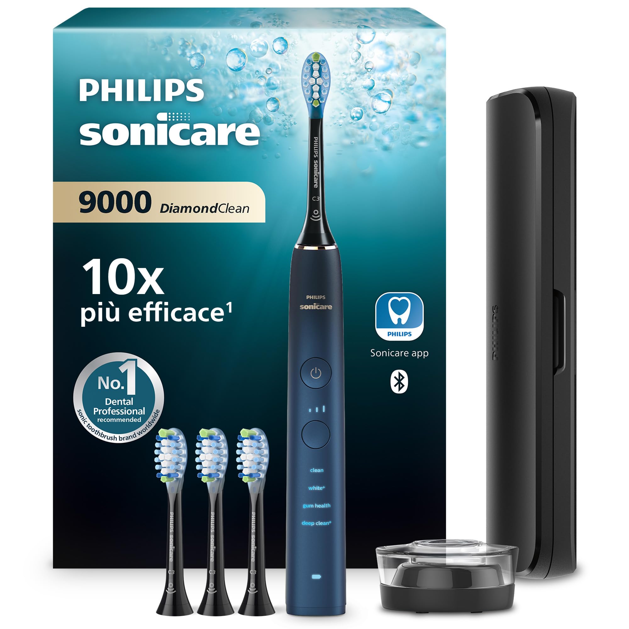 Philips Sonicare Spazzolino elettrico DiamondClean serie 9000 edizione speciale: per pulizia dei denti e igiene orale, blu scuro, 4 testine Premium Plaque C3 (modello HX9911/89)