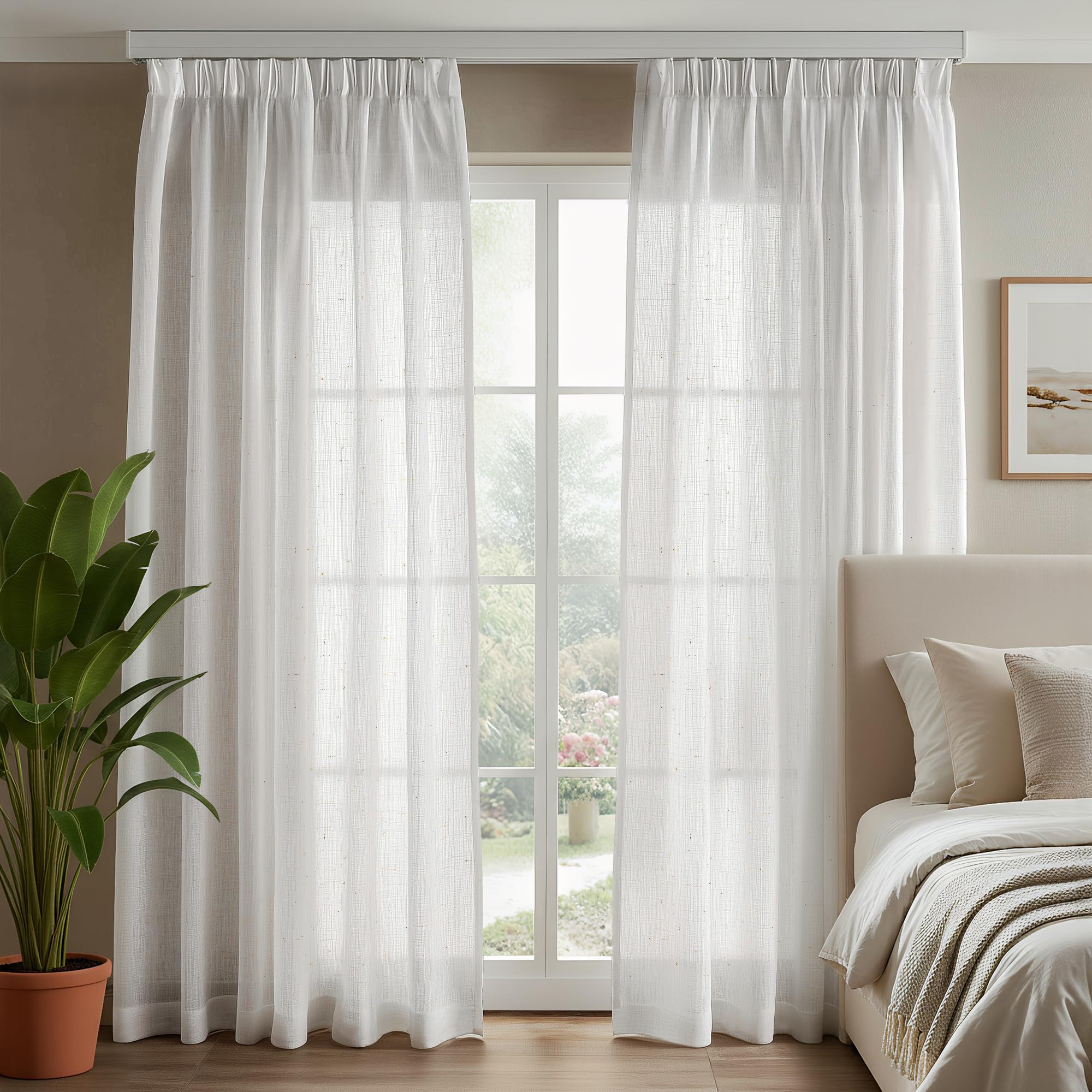 Deconovo Tende per Interni in Lino, 2 Pannelli 140x160 cm,Bianco Ottico | Semitrasparenti, Moderne ed Elegante, in Tessuto 10% Lino, con Fettuccia, per Soggiorno, Camera da Letto…