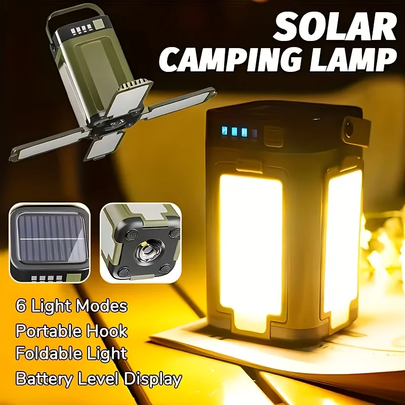 Lampada Solare Portatile da Campeggio, Ricarica Solare, Pieghevole, Power Bank 2000mAh, Display Intelligente, Luce Portatile da Tenda Appendibile