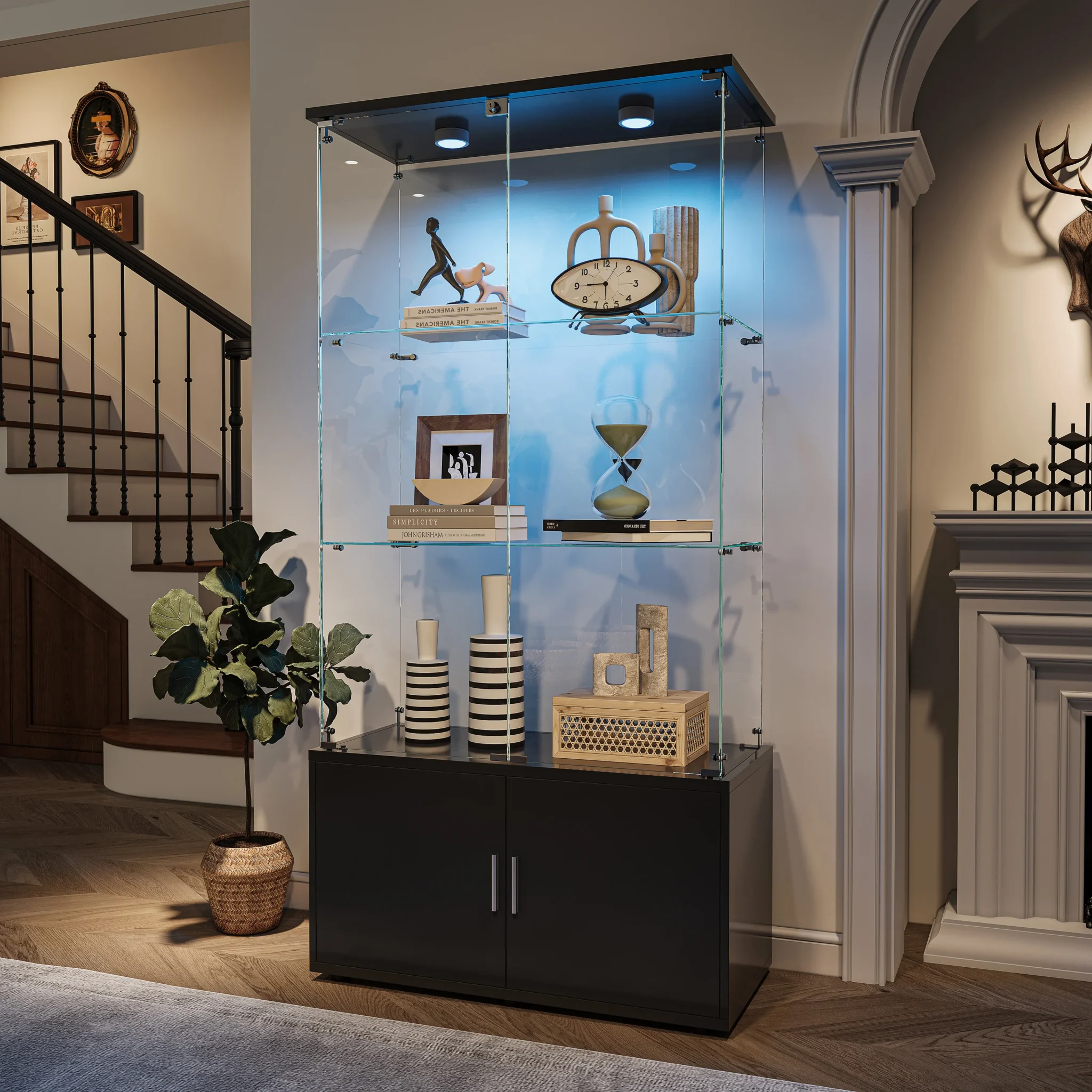 Vetrina Espositiva Anajqaqia 78.5×35×164cm a 3 Ripiani con Illuminazione LED, 2 Porte, per Collezioni, Libri, Modellini, Nera