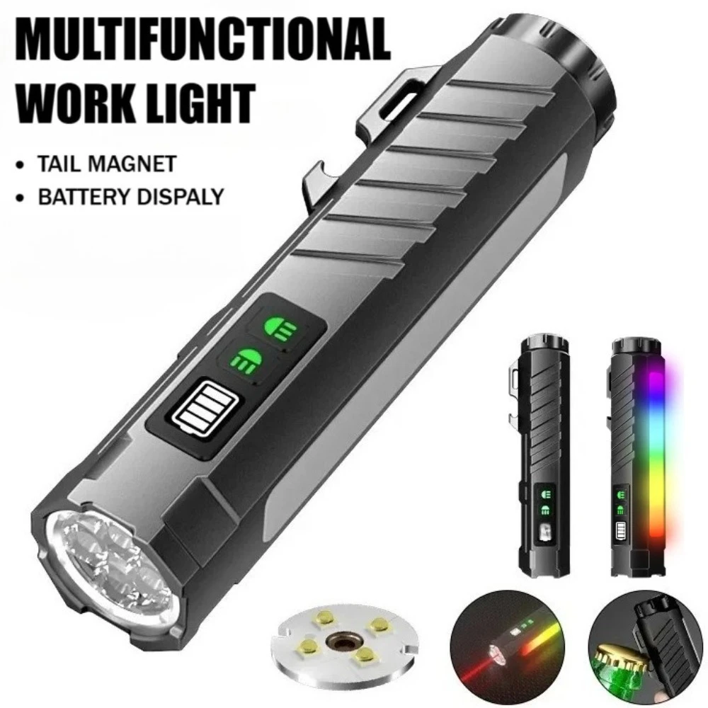 Torcia LED Multifunzionale ad Alta Luminosità Ricaricabile con Luce al Neon Colorata e Base Magnetica Ideale per Ispezioni e Uso Esterno