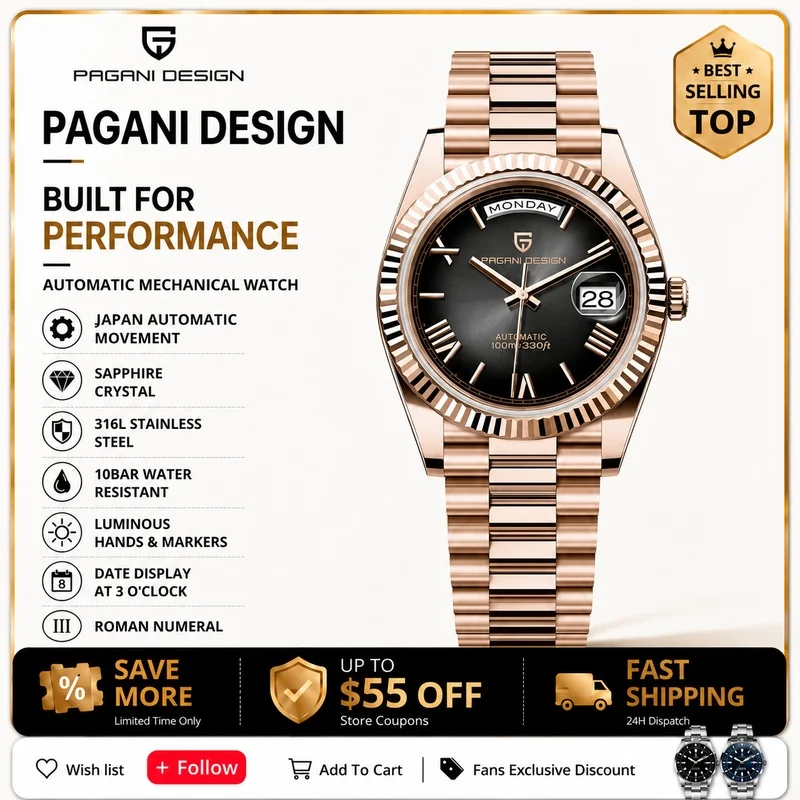 PAGANI DESIGN Orologio da Uomo in Acciaio Inox, Impermeabile 100M, Orologio al Quarzo, Marca di Alta Gamma, Vetro Zaffiro, 40mm, Regalo per Uomo