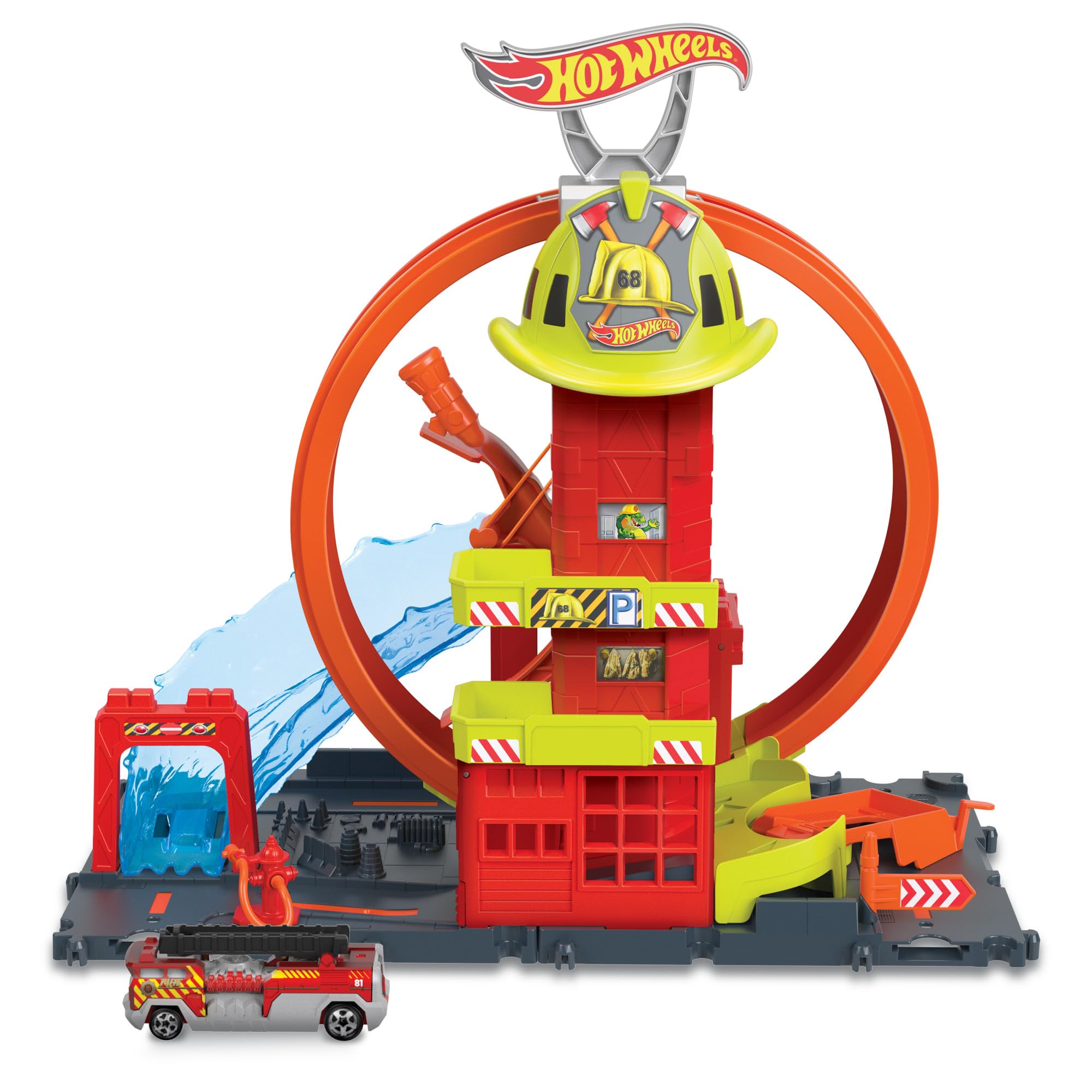 Hot Wheels - City Caserma dei Pompieri con Super Loop, con 1 macchinina, ascensore azionato manualmente, rampa simil-acquatica, Giocattolo per Bambini 4+ Anni, HKX41