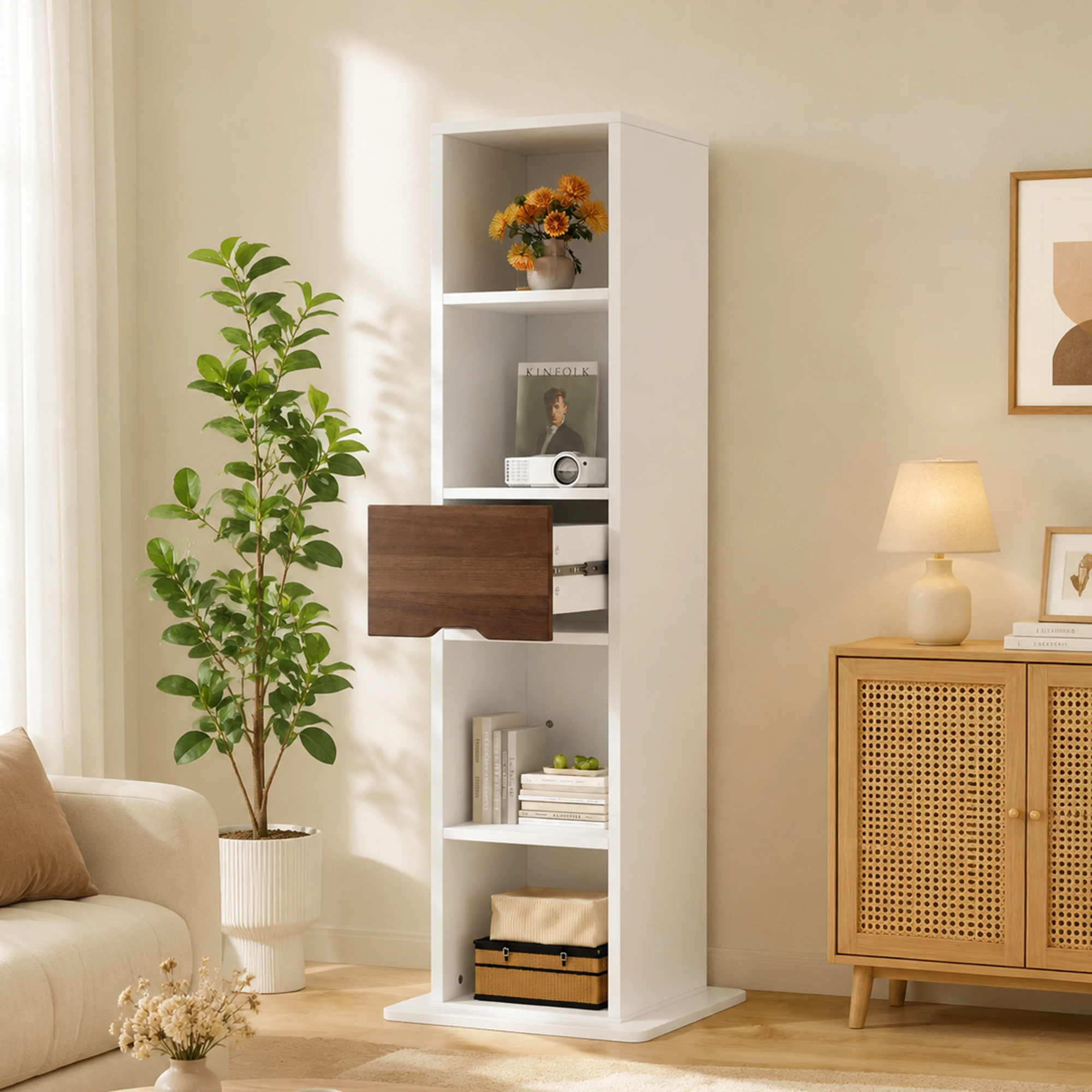 Vetrina Girevole 45x45x168 cm con Specchio a Figura Intera, Ripiani Aperti, Cassetto con Guide Scorrevoli, Armadietto Specchio Autoportante Bianco, MDF, 4 Scomparti Espositivi, Ba…