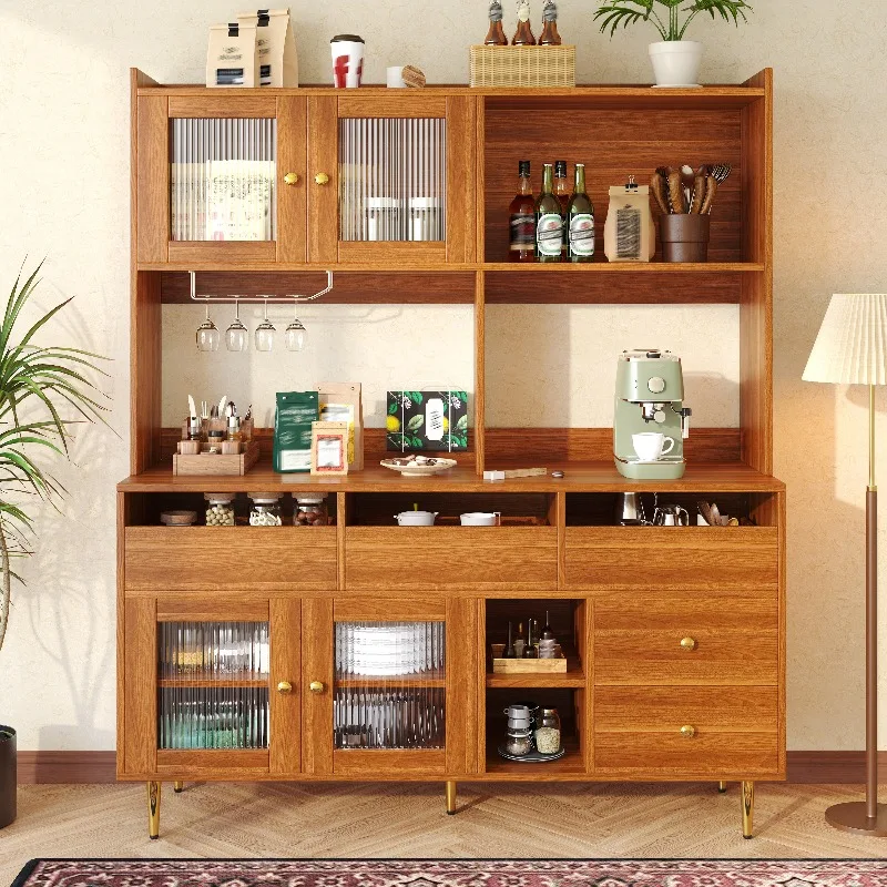 Mobile Alto Moderno per Ristorante con Porta in Vetro Changhong, Design Minimalista con Venature del Legno e Dettagli Dorati, Cantinetta Integrata, Credenza Multi-Ripiano con Cass…