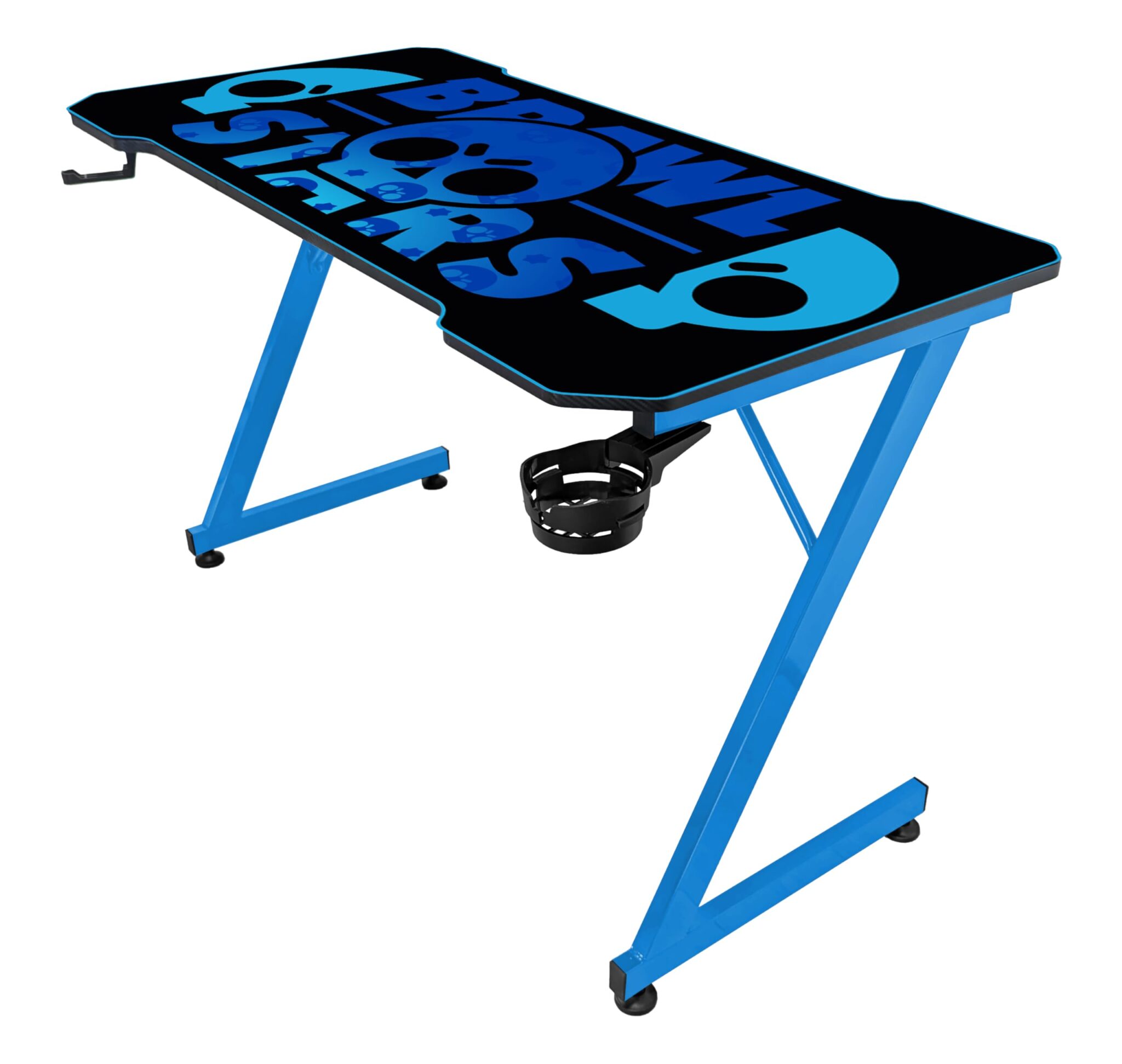 SUBSONIC Scrivania da Gaming Ergonomica con Tappetino Mouse XXL Brawl Stars, Finitura in Carbonio, 120x60 cm, Piano Nero e Base Blu, Porta Bicchiere e Cuffie