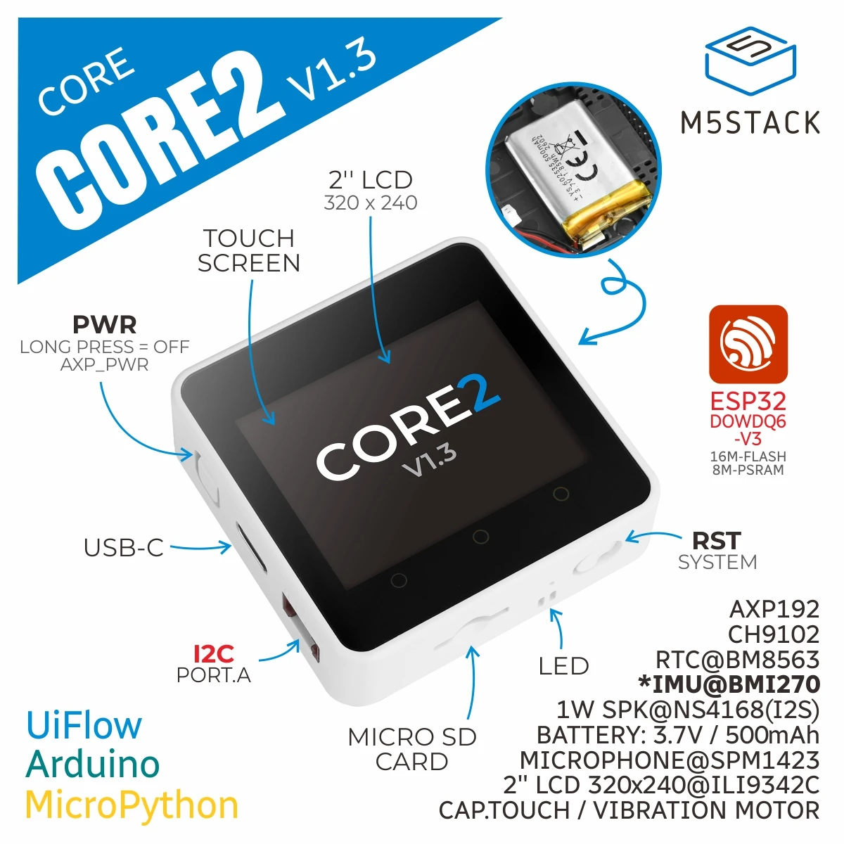 Kit di Sviluppo IoT M5Stack Officail Core2 v1.3 ESP32