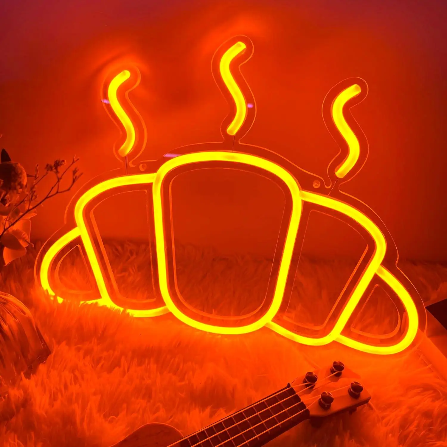 Insegna al Neon a Forma di Croissant, Alimentata via USB, Dimmerabile, Luci al Neon a Forma di Pane per Cucina, Caffetteria, Camera da Letto, Decorazioni per Panetterie, Insegne L…
