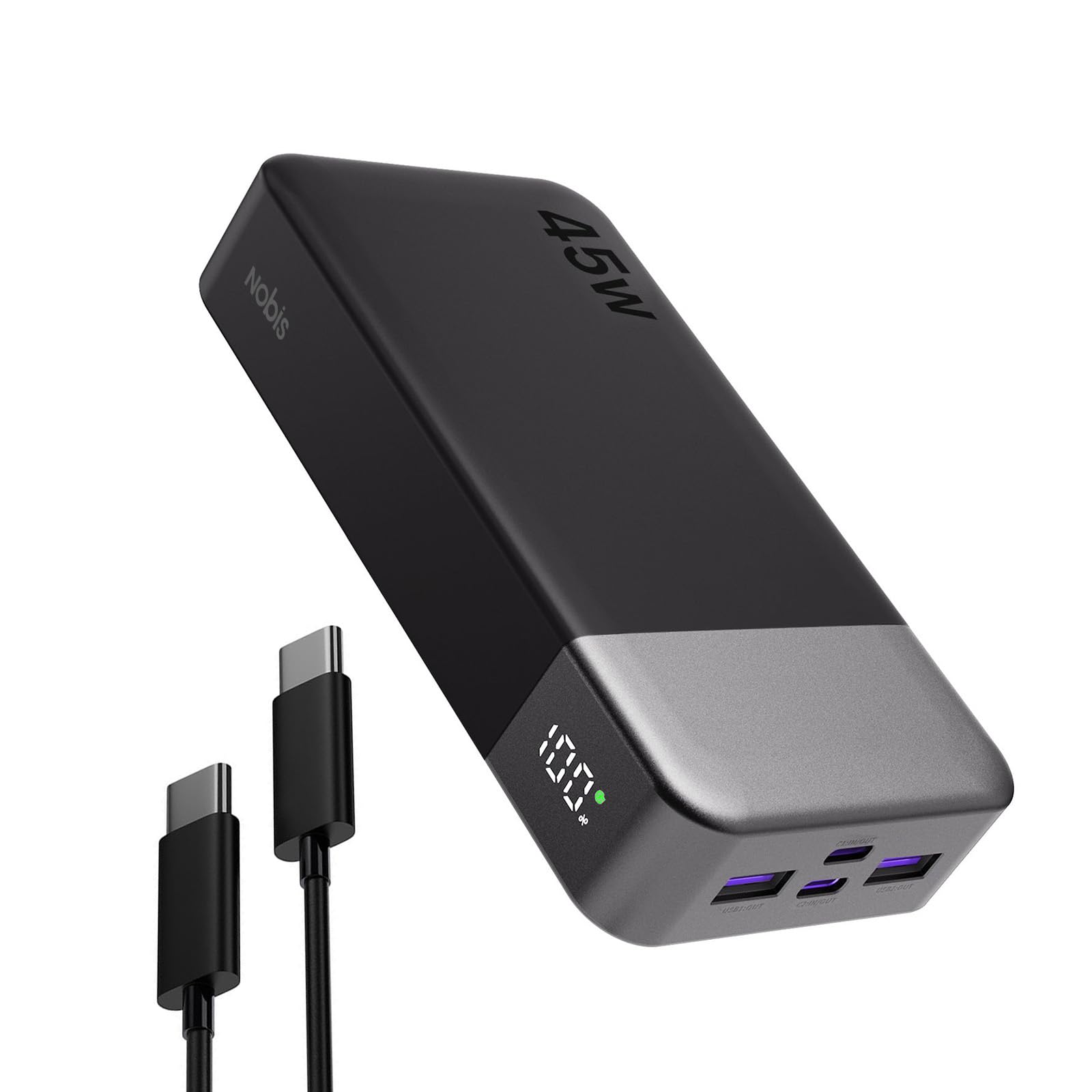 NOBIS 20000mAh 45W Power Bank | Caricatore Portatile con USB-C In/Out, 4 porte, display LED digitale e ricarica rapida – compatibile con Phone 17 e S25 (Nero
