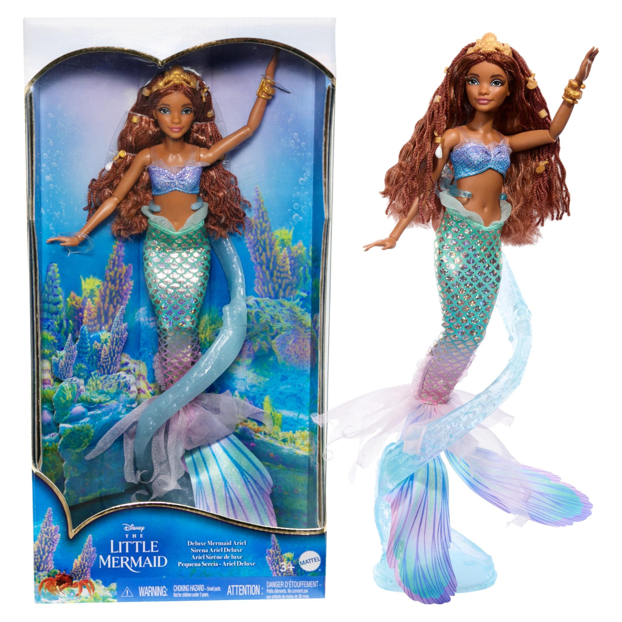 Mattel Disney La Sirenetta - Ariel Sirena Deluxe, bambola con coda iridescente, top metallizzato, perline per i capelli, piedistallo a forma di vortice, giocattolo per bambini, 6+…