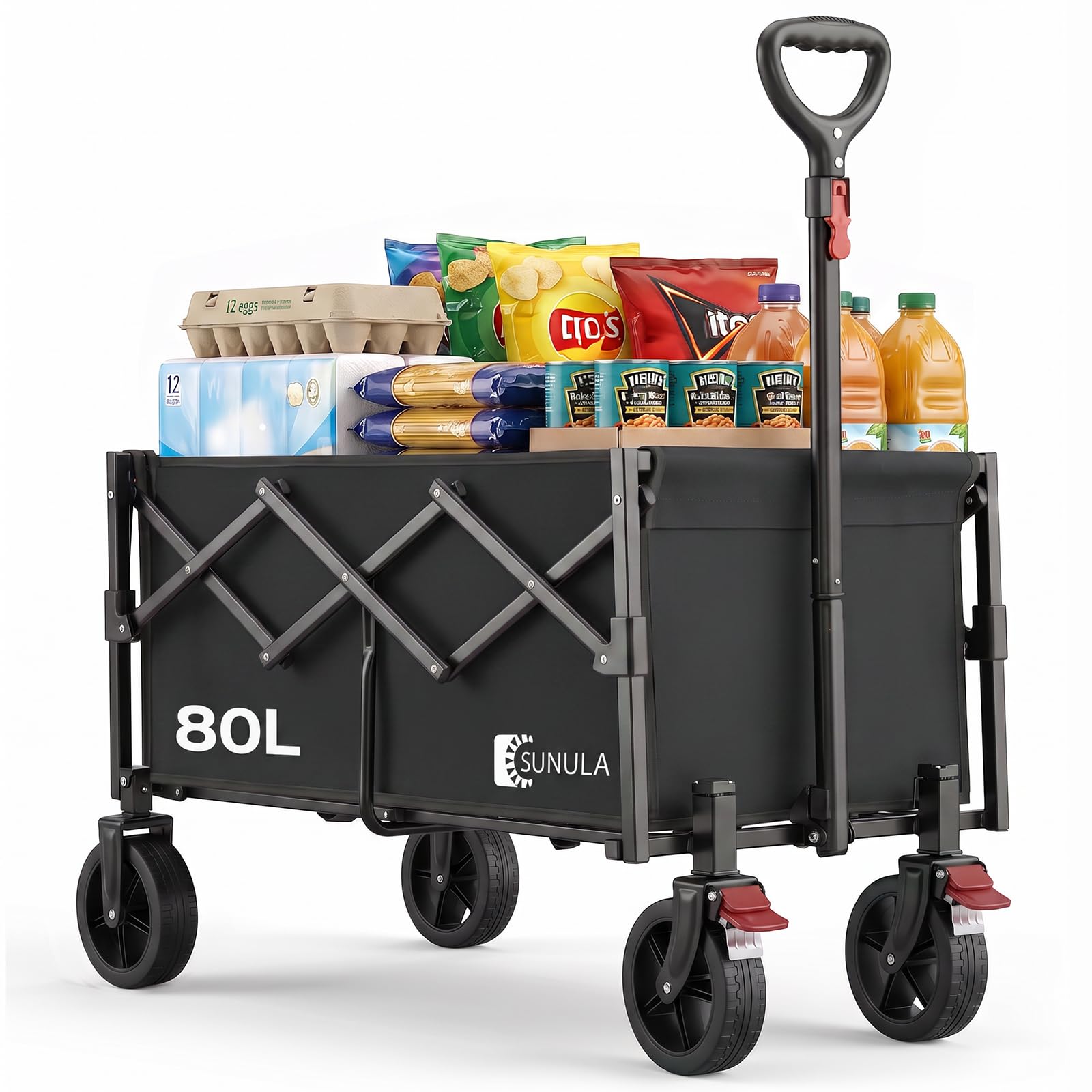 SUNULA Carrello pieghevole piccolo 80L 100KG, carrello pieghevole con peso ridotto, carrello fuoristrada con freni, Nero