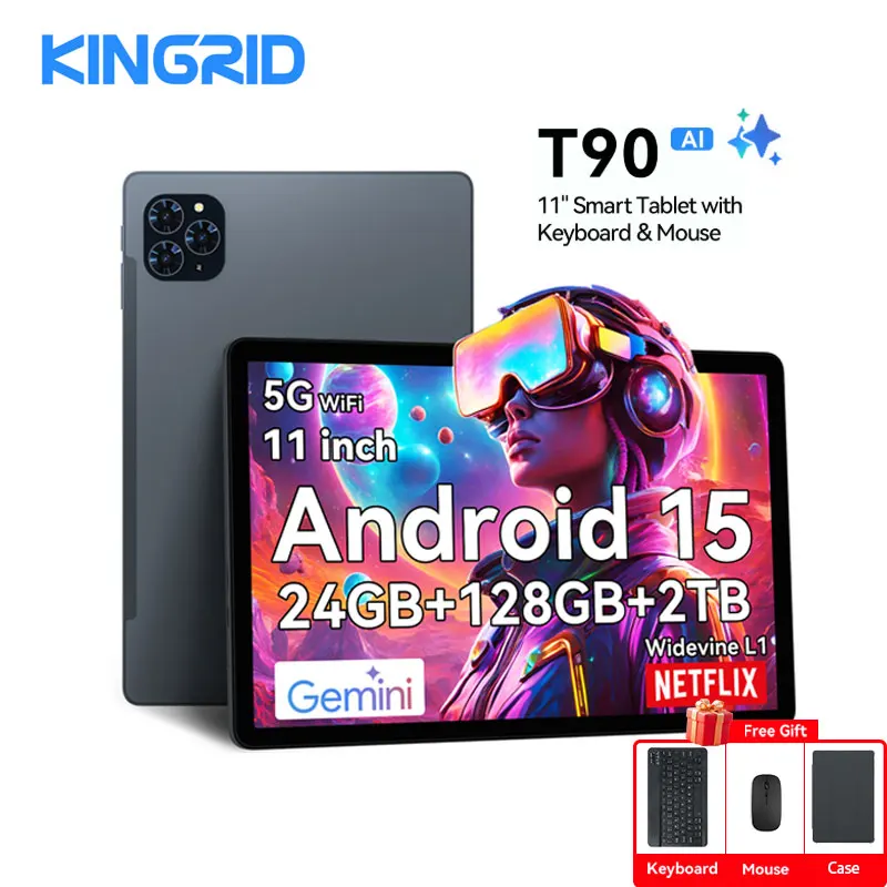 KINGRID T90 Wifi Tablet PC 11" 1080P 24GB (8+16) RAM 128GB ROM 5G WiFi 8000mAh Android 15 Tablet da Gaming