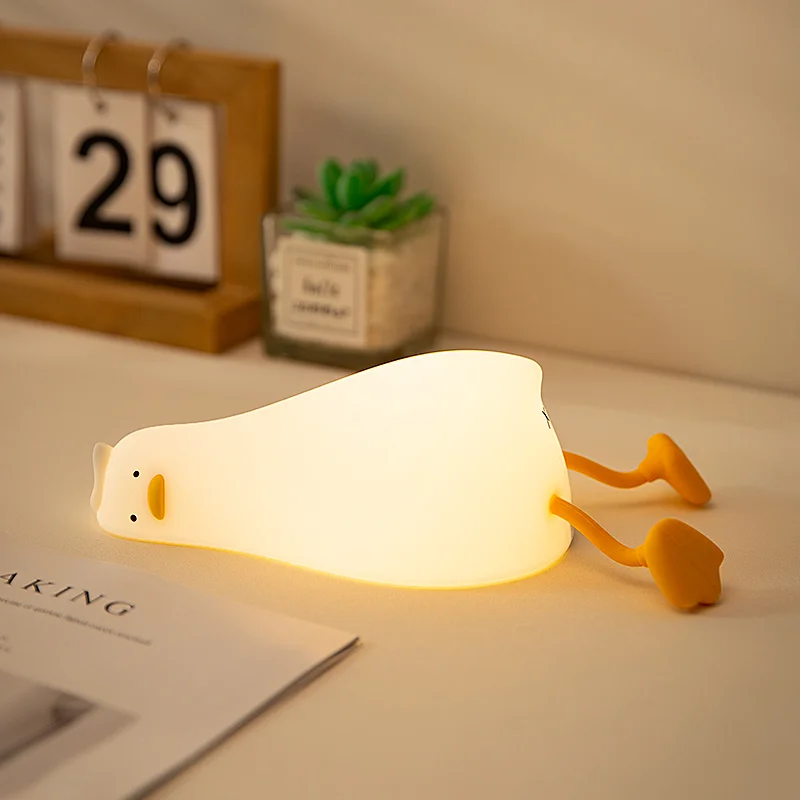 Lampada Notturna a Forma di Anatra in Silicone Morbido, Ricaricabile, Controllo Touch, 3 Livelli di Luminosità, Timer 30 Minuti, Supporto per Telefono da Comodino