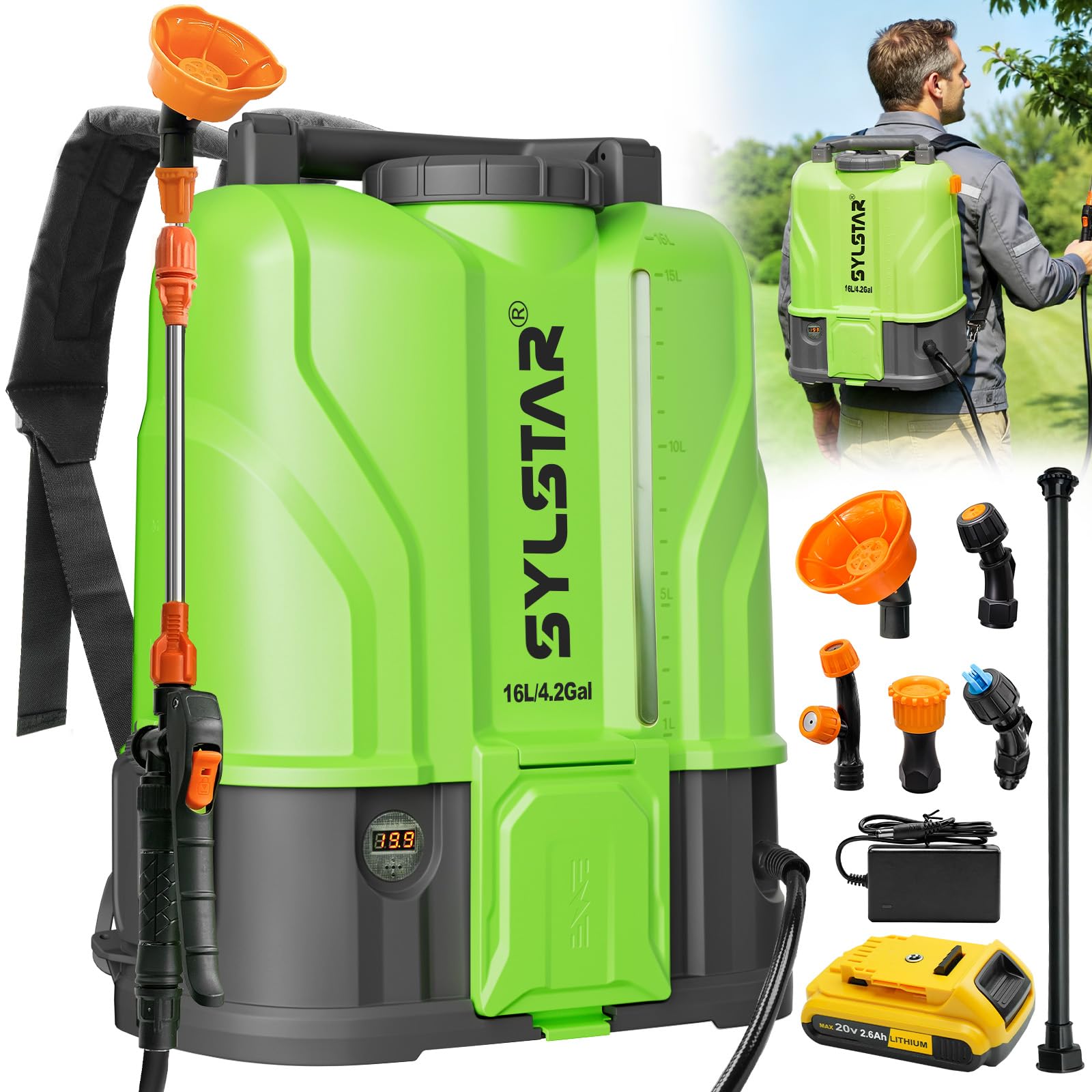 SYLSTAR Pompa Irroratrice a Batteria 16L, 8.3Bar Potente Pompa a Spalla a Batteria Compatibile con Dewalt 18V Batterie, Spruzzatore Elettrico Velocità Regolabile,5 Ugelli (Caricab…