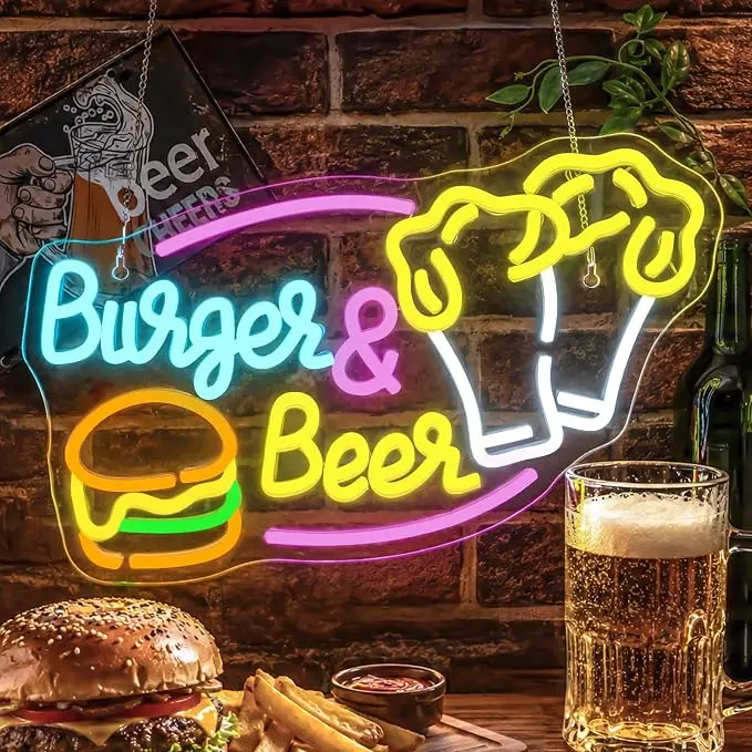 Insegna al Neon Burger e Birra, Insegna LED Burger e Birra per Bar, Ristorante, Decorazione Parete Cucina, Insegna al Neon per Arredamento Camera da Letto, Regalo Insegna al Neon…