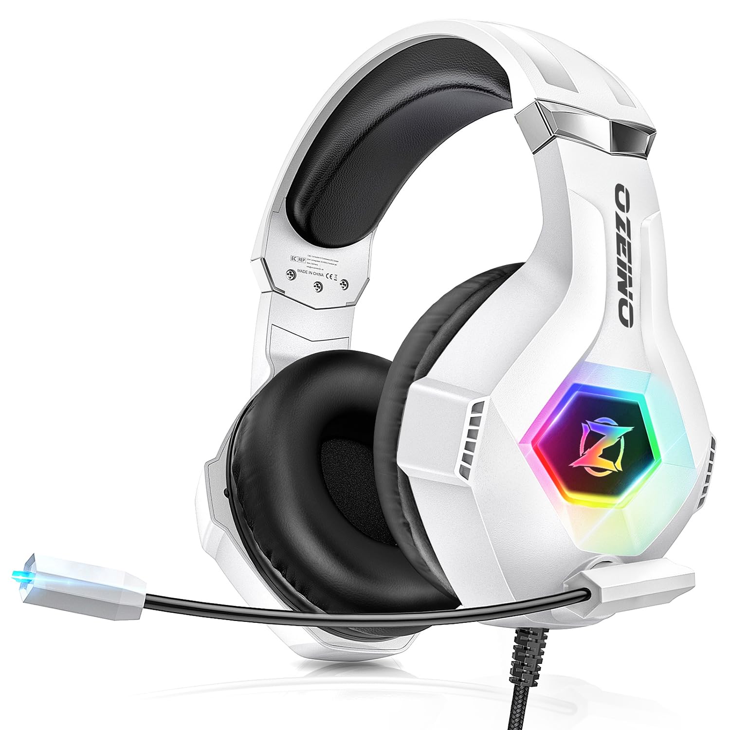 Ozeino Cuffie Gaming per Ps4 Ps5 PC Xboxone, Cuffie con Microfono Cancellazione del Rumore, 3D Surround Sound, Cuffie Comfort con LED RGB, bianco