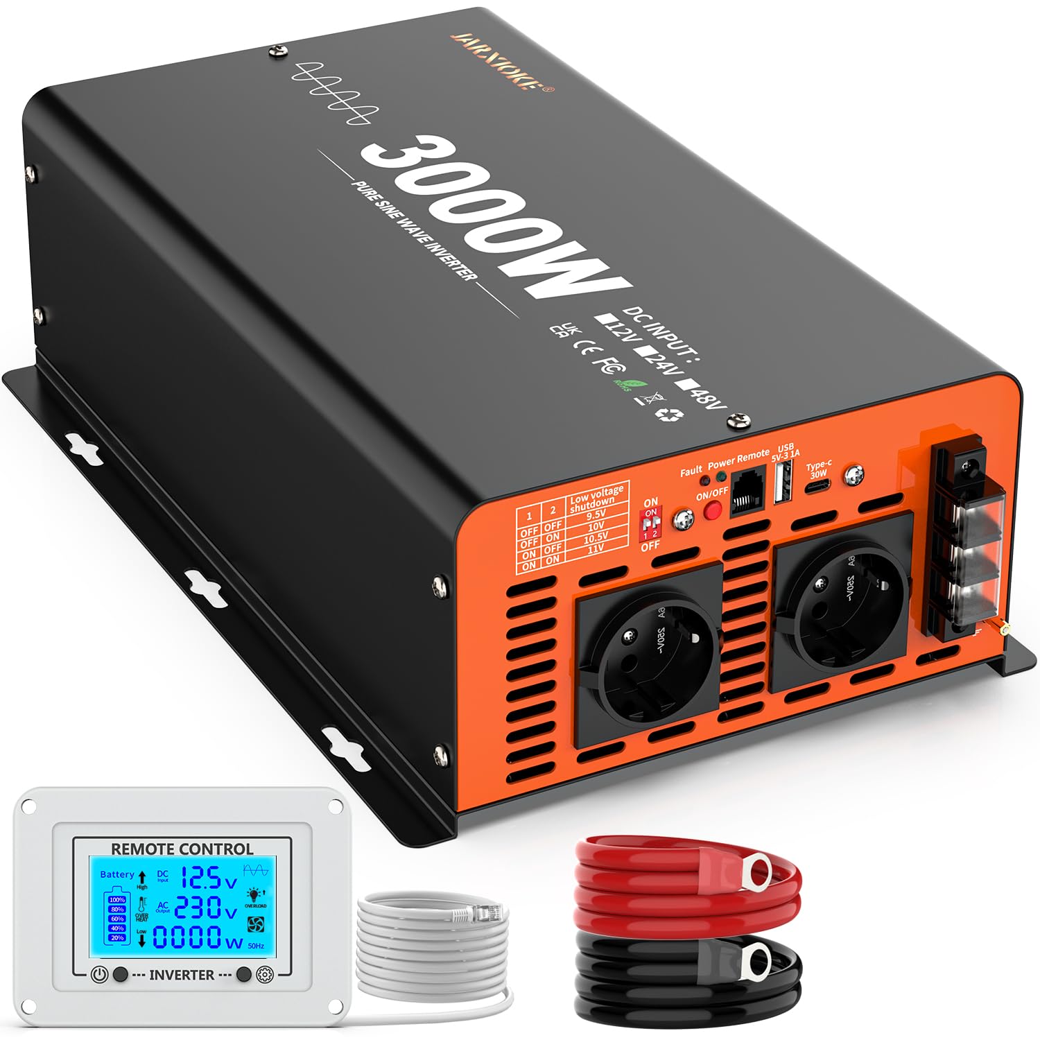 JARXIOKE Inverter 12v 220v Onda Pura 3000W Power Inverter | Invertitore di Potenza Onda Sinusoidale Pura con Telecomando & LCD Intelligente & EU Presa & USB-A & Tipo-C