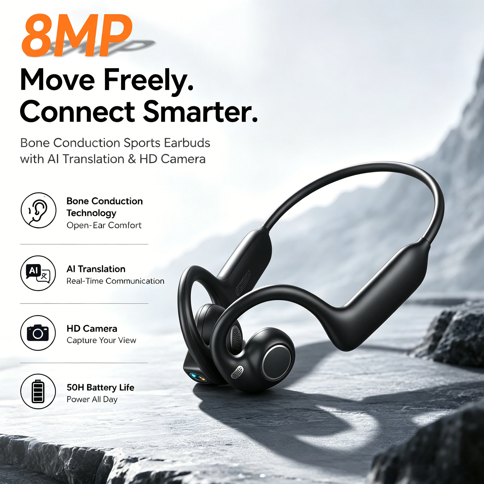 Cuffie Bluetooth Sportive Open-Ear E12 con Fotocamera HD 1080P, Design Ergonomico con Gancio e Fino a 12 Ore di Autonomia. Ideale per corsa, allenamenti, riunioni e lezioni. Perfe…