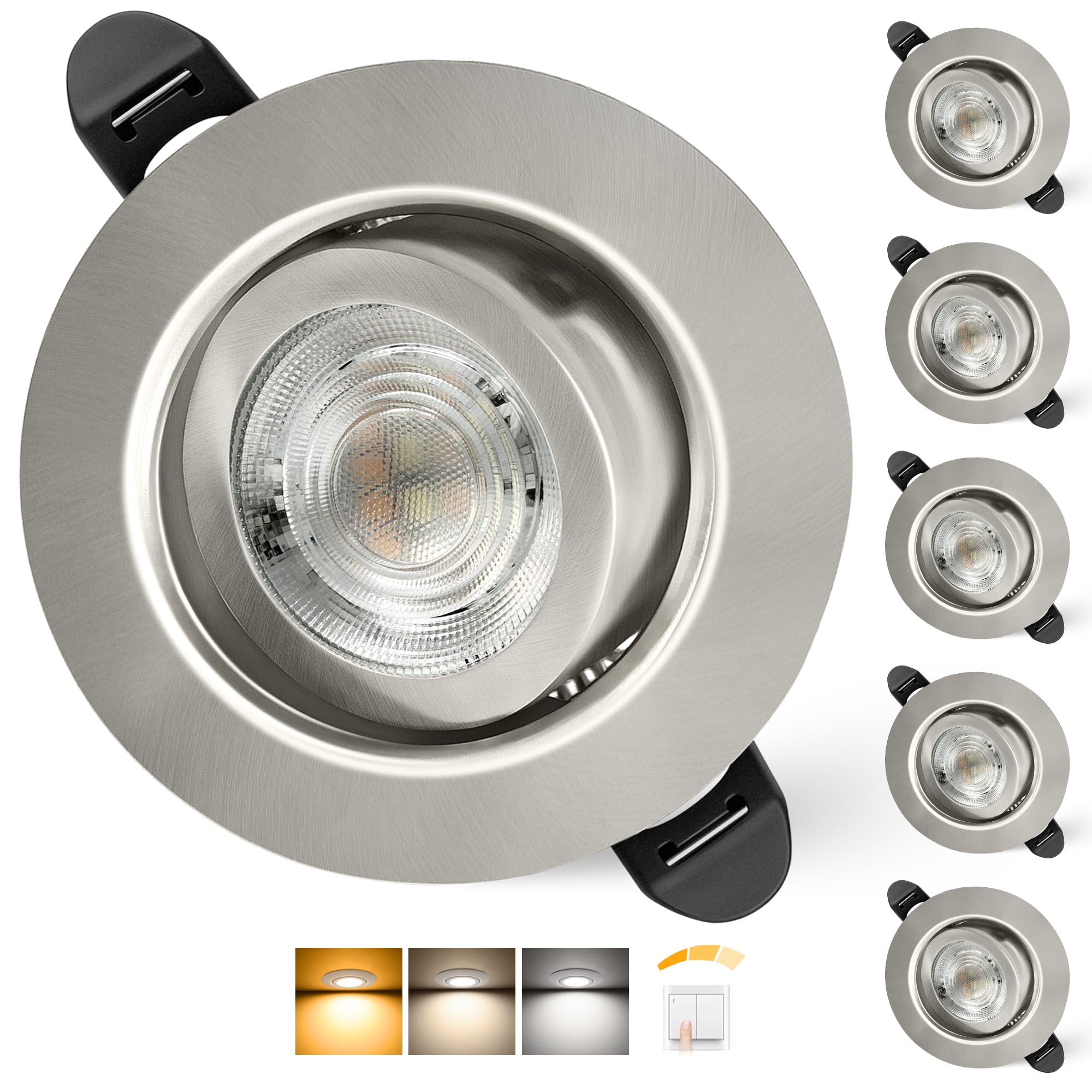 Aulaiyi 3CCT Faretti LED da Incasso per Cartongesso 230V Dimmerabile 68mm 5.5W IP44 Faretto Incasso Ultra Piatti Faretti LED Soffitto Ruotabile a 45° per Bagno, Set di 6 Spazzolato