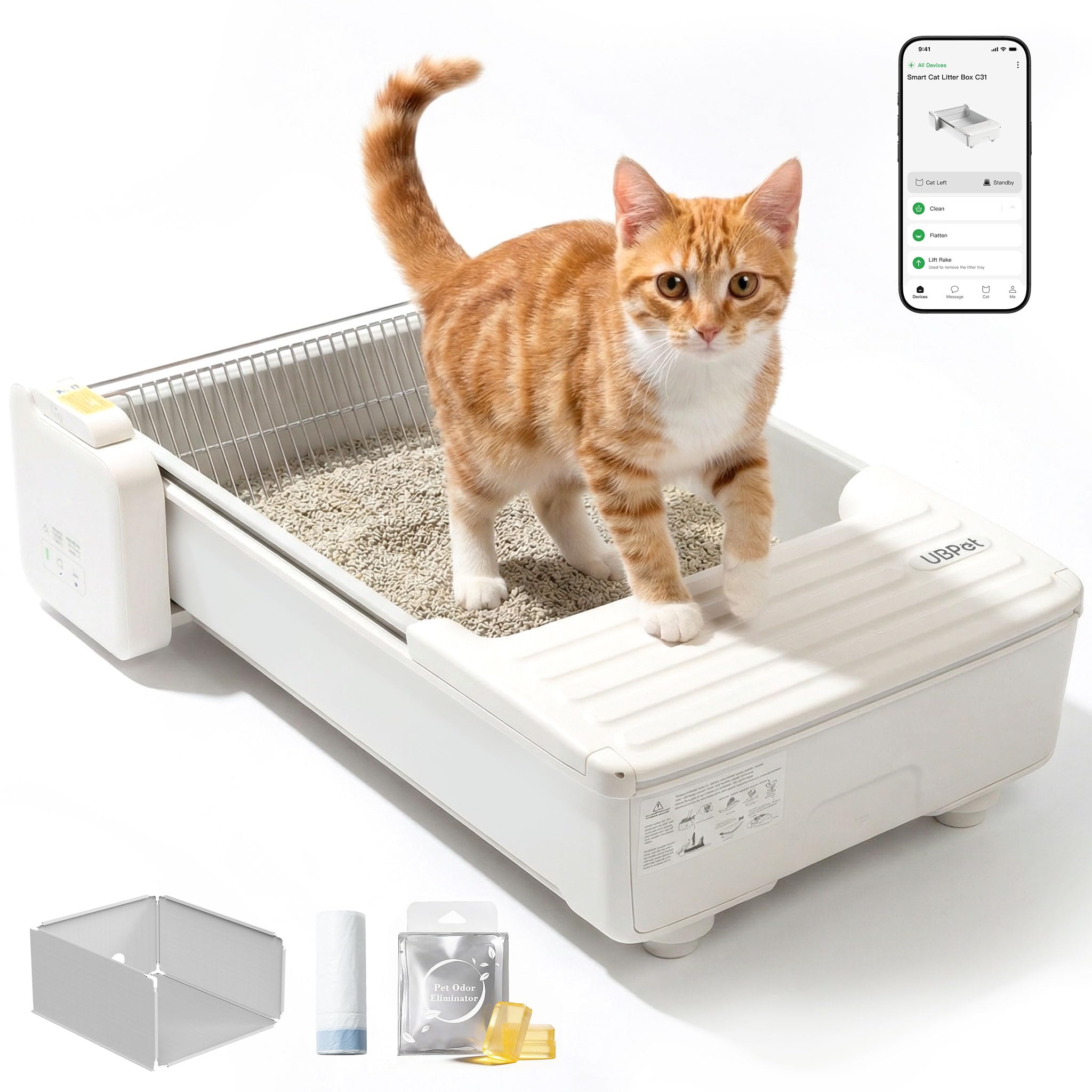 UBPET C31 Lettiera Autopulente per Gatti, Lettiera Aperta Autopulente con Controllo App, Deodorizzatore, Sistema a Doppio Rastrello, Grande Capacità, per Più Gatti