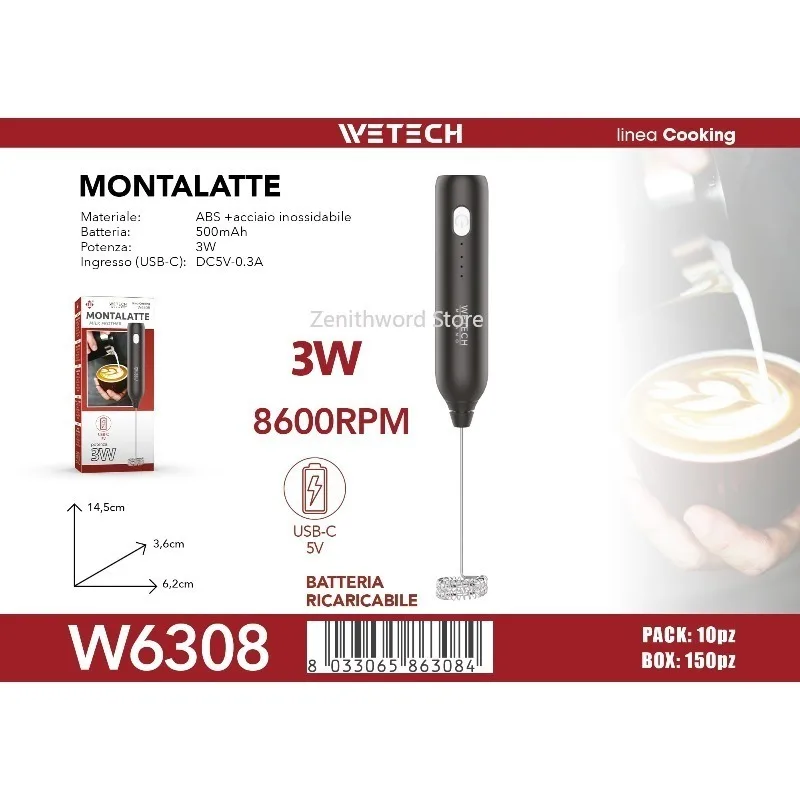 Montalatte Elettrico Ricaricabile Portatile USB-C 8600RPM 3W per Caffè, Latte, Cappuccino, Cioccolata Calda, Mixer per Uova