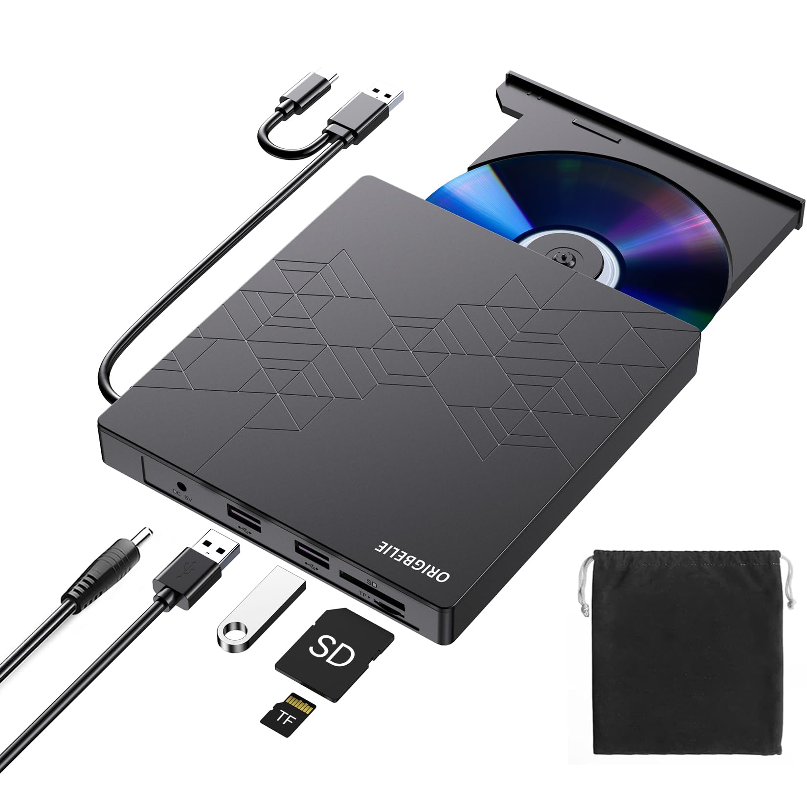 ORIGBELIE Lettore CD Esterno per PC Portatile, Sottile CD/DVD +/-RW Drive | USB 3.0 Type-C Masterizzatore DVD Externo, Unità DVD Esterna per Laptop Desktop PC Windows 11/10/8/7/XP…