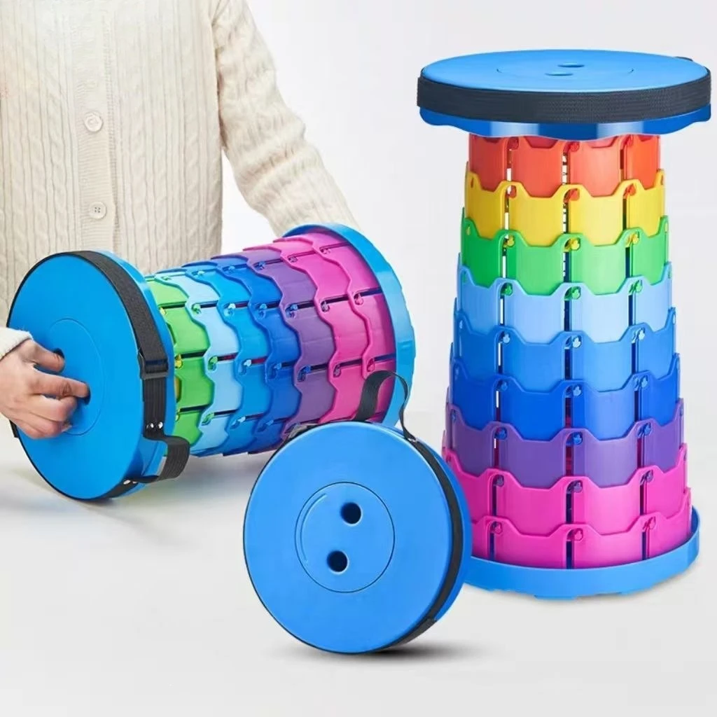 Sgabello da Campeggio Telescopico Arcobaleno, Pieghevole e Regolabile, con Vano Portaoggetti, per Viaggi e Pesca all'Aperto