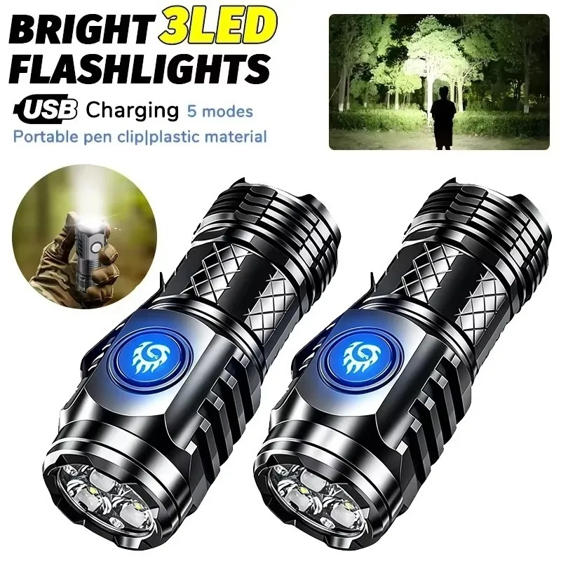 Torcia LED ultra-luminosa con batteria integrata, ricaricabile tramite Type-C, impermeabile, per campeggio all'aperto, escursionismo e emergenze.