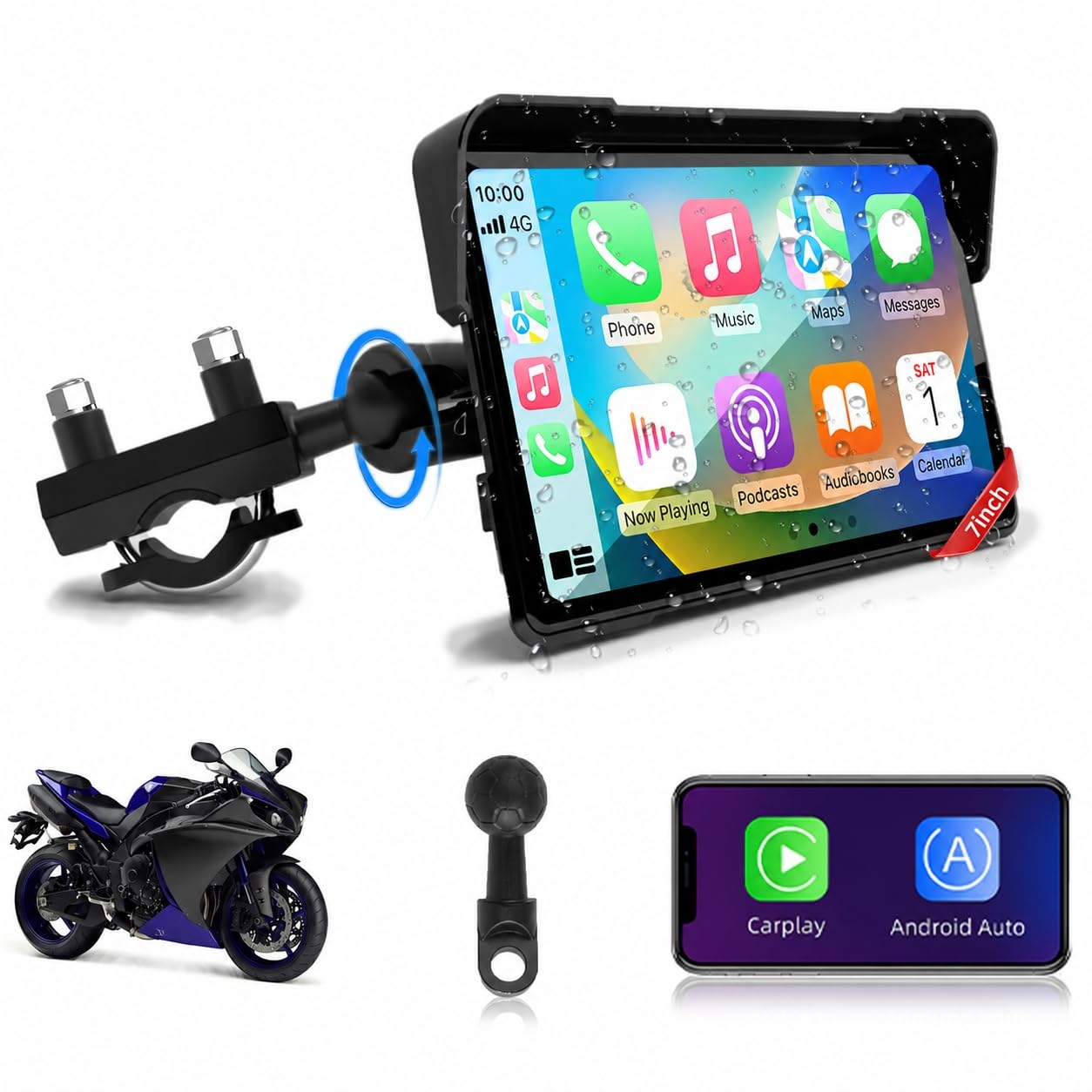 Jansite Schermo Carplay Moto Android Auto 7 Pollici Touchscreen | CarPlay Wireless e Android Auto, GPS Navigatore Moto, IP67 Impermeabile Schermo, Doppio Bluetooth, Siri/GoOgle As…