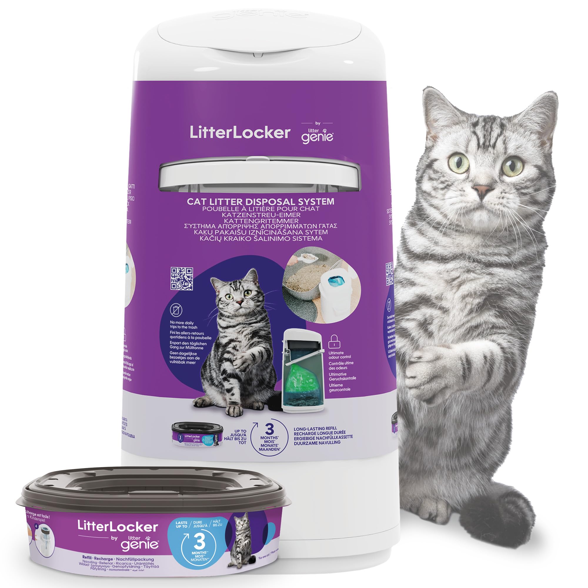Litter Genie LitterLocker Fashion - Contenitore con Ricarica 3 Mesi | Maniglia Scorrevole Ermetica - 8 Giorni per 1 Gatto - Ricarica XL 3 Mesi - Paletta - 80% Plastica Riciclata